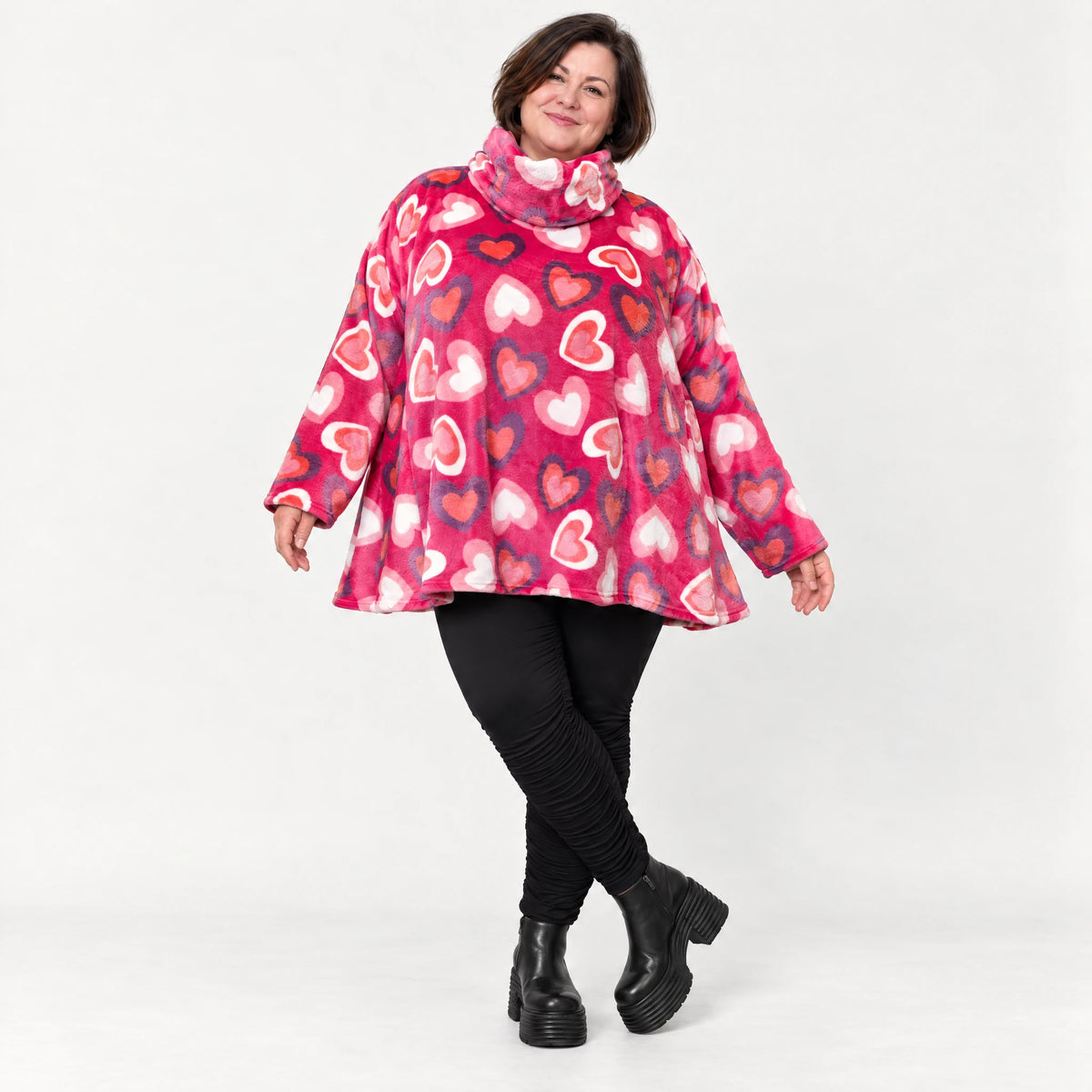 Flauschiges Langarmshirt in Pink/Rosa/Weiß mit Rollkragen und lockerer A-Linie aus Plüsch