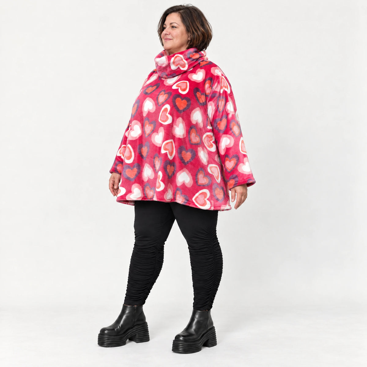 Flauschiges Langarmshirt in Pink/Rosa/Weiß mit Rollkragen und lockerer A-Linie aus Plüsch