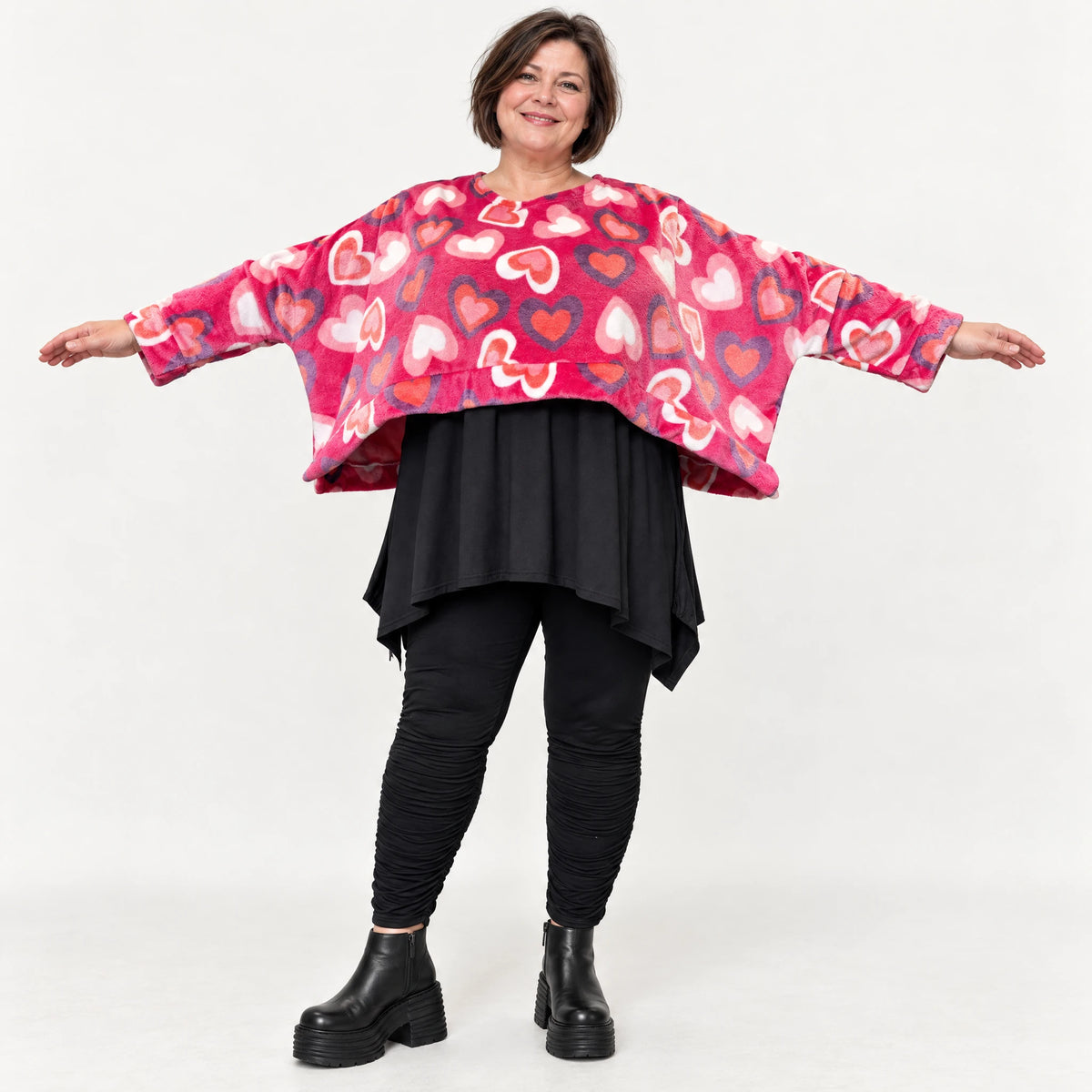 Flauschiger Plüschüberwurf in Pink/Rosa/Weiß mit kastiger Form und Seitenschlitzen