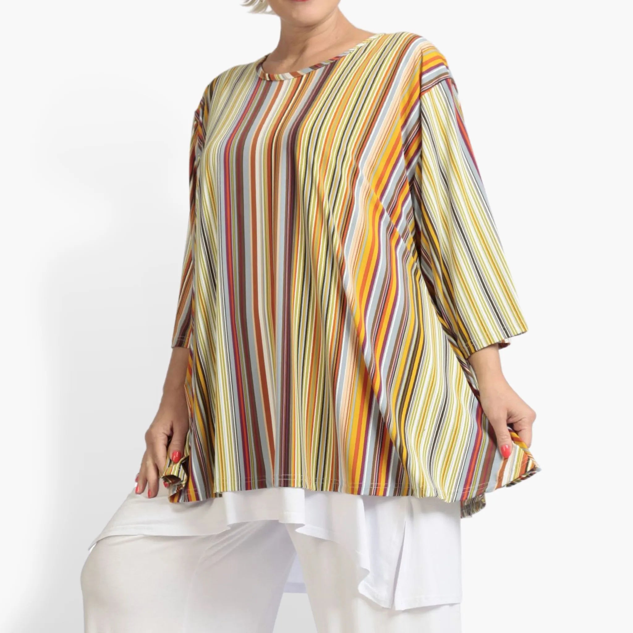  AKH Fashion Shirt in Glocken-Form, aus Materialmix, 1078.01892, Cognac, Streifen, Schick