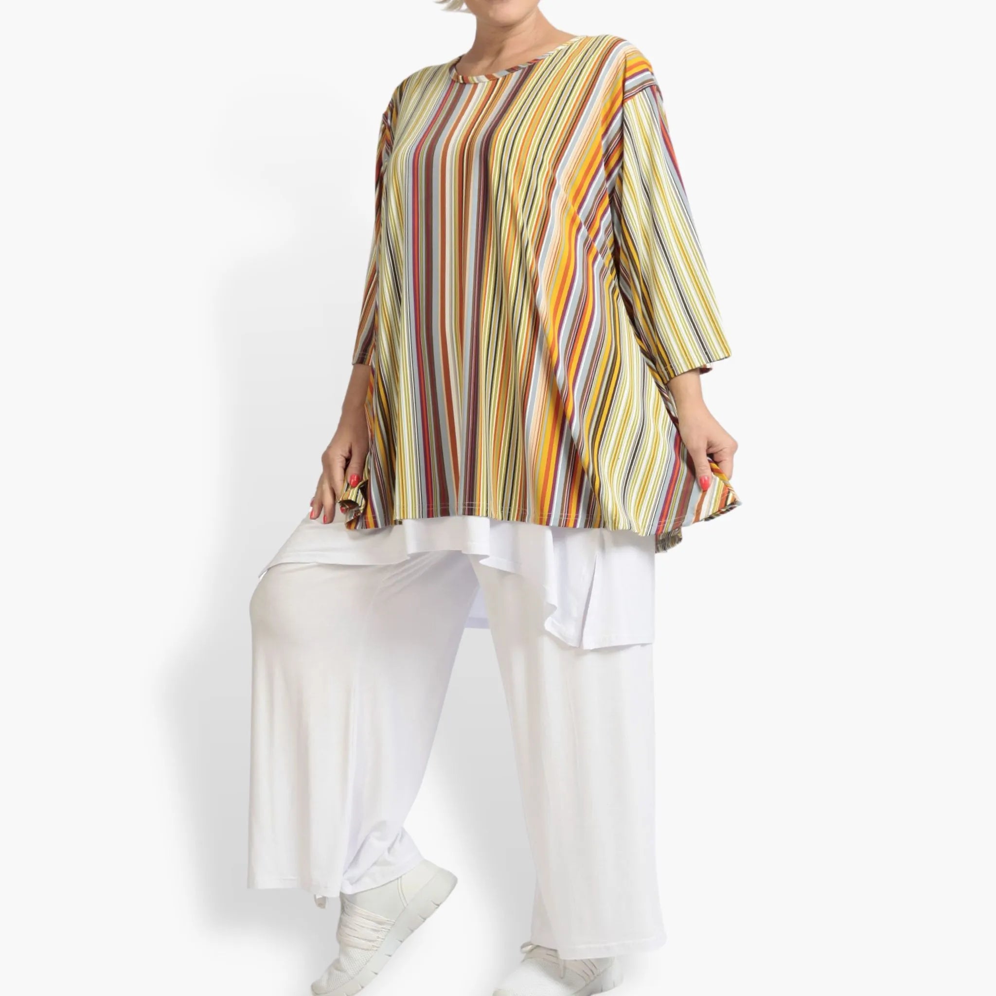  AKH Fashion Shirt in Glocken-Form, aus Materialmix, 1078.01892, Cognac, Streifen, Schick
