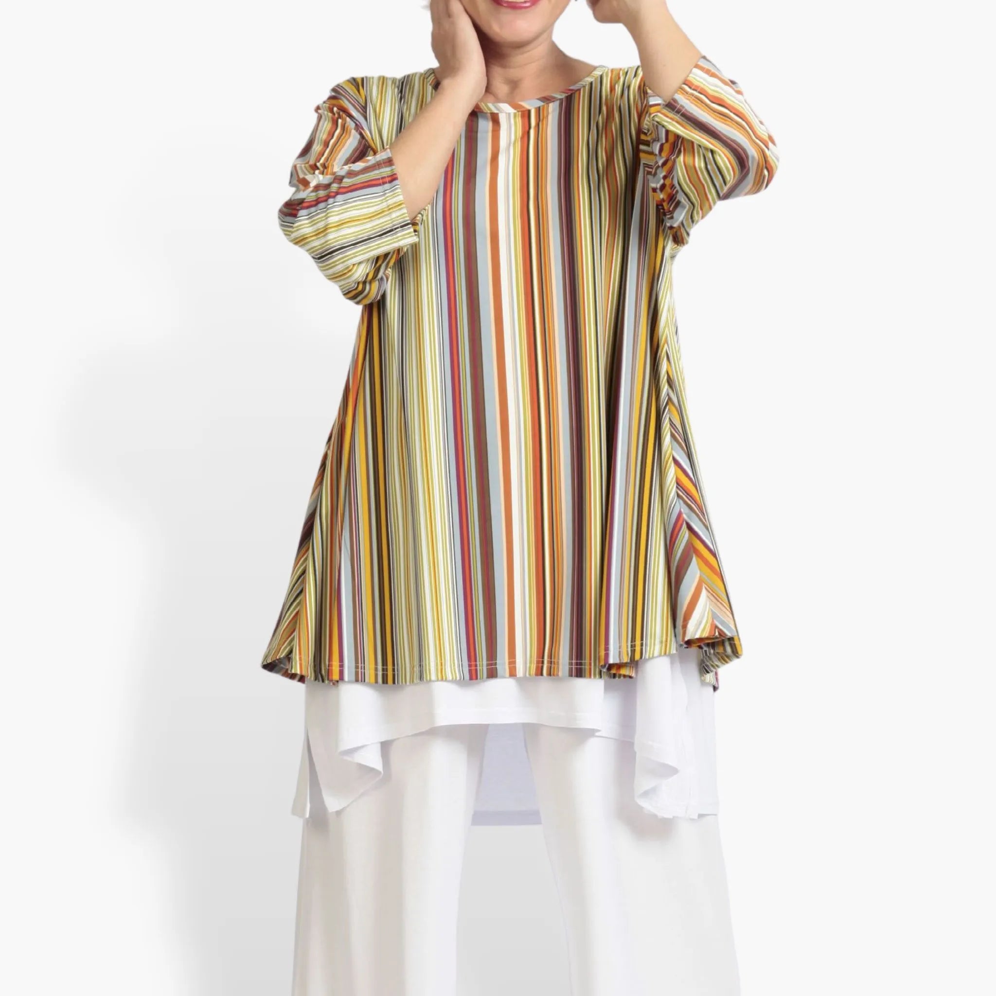  AKH Fashion Shirt in Glocken-Form, aus Materialmix, 1078.01892, Cognac, Streifen, Schick