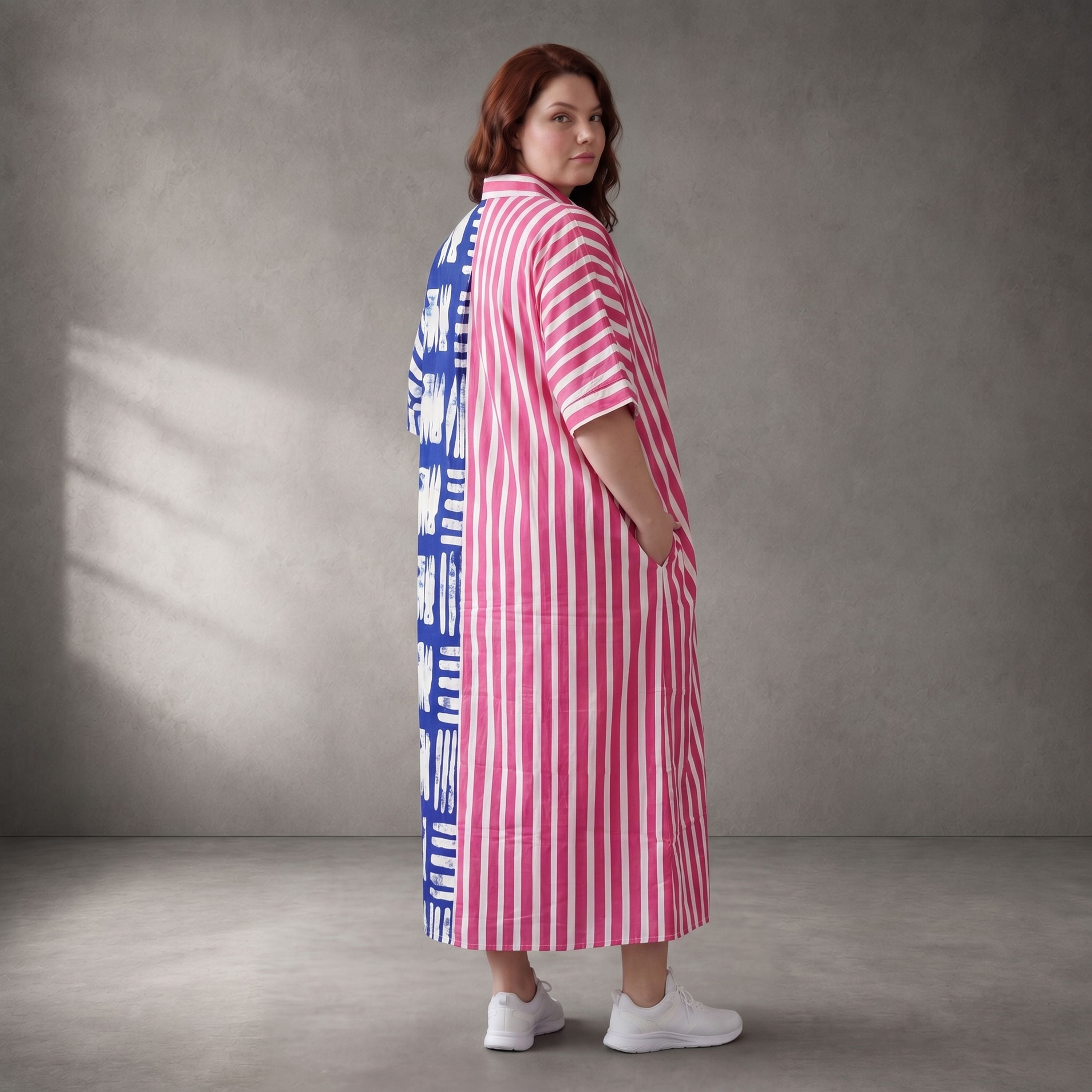 Zeitloses Streifenkleid in Pink Blau aus Baumwolle leger Oversize Lagenlook sehr luftig