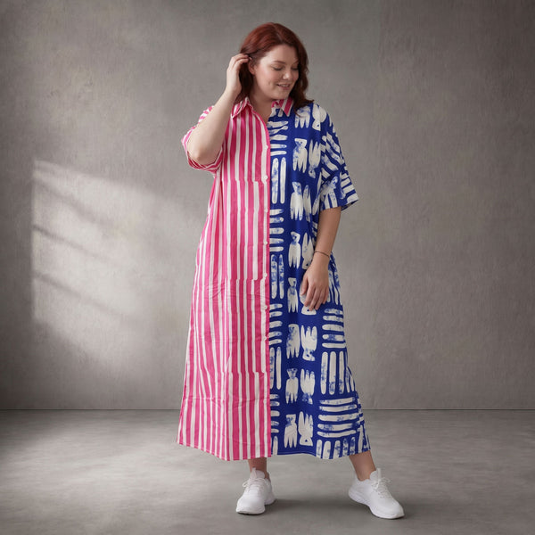 Zeitloses Streifenkleid in Pink Blau aus Baumwolle leger Oversize Lagenlook sehr luftig
