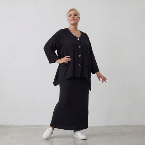 Eleganter Maxirock aus Jersey in klassischem Schwarz mit Saumschlitz und elastischem Bund