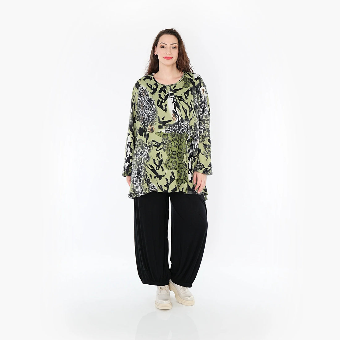  A-Form Bigshirt von AKH Fashion aus Viskose, 1395.00593, Olive-Schwarz-Weiß, Blumen, Schick