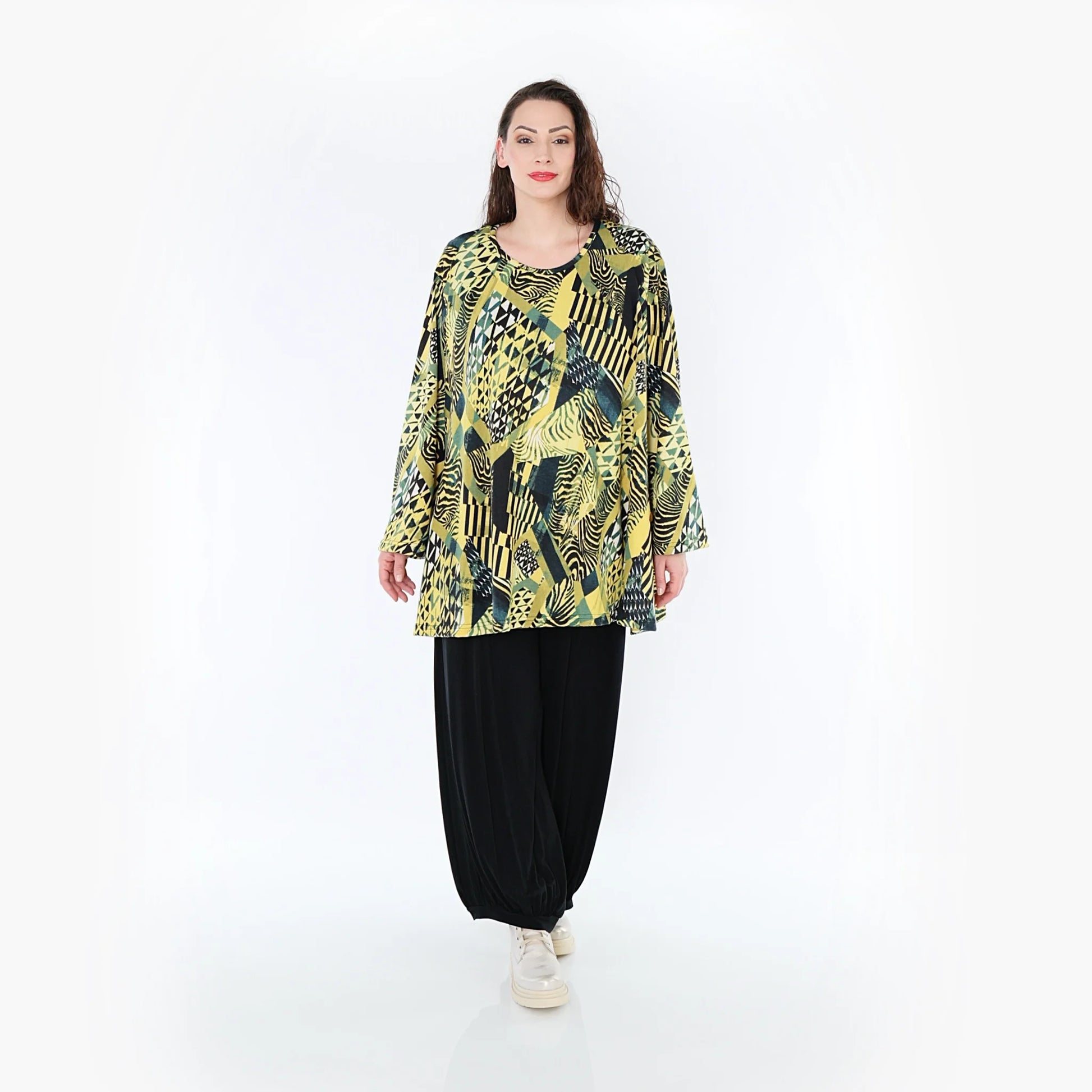  A-Form Bigshirt von AKH Fashion aus Viskose, 1396.00593, Senf-Olive-Schwarz, Grafik, Schick