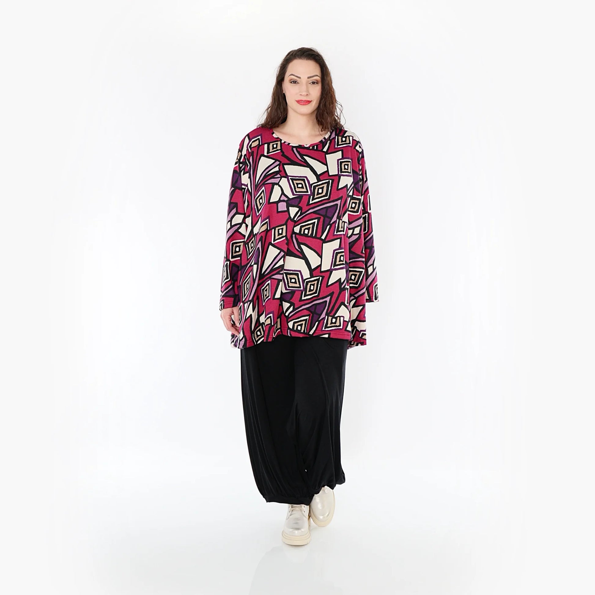  A-Form Bigshirt von AKH Fashion aus Viskose, 1397.00593, Fuchsia-Schwarz-Creme, Aztec