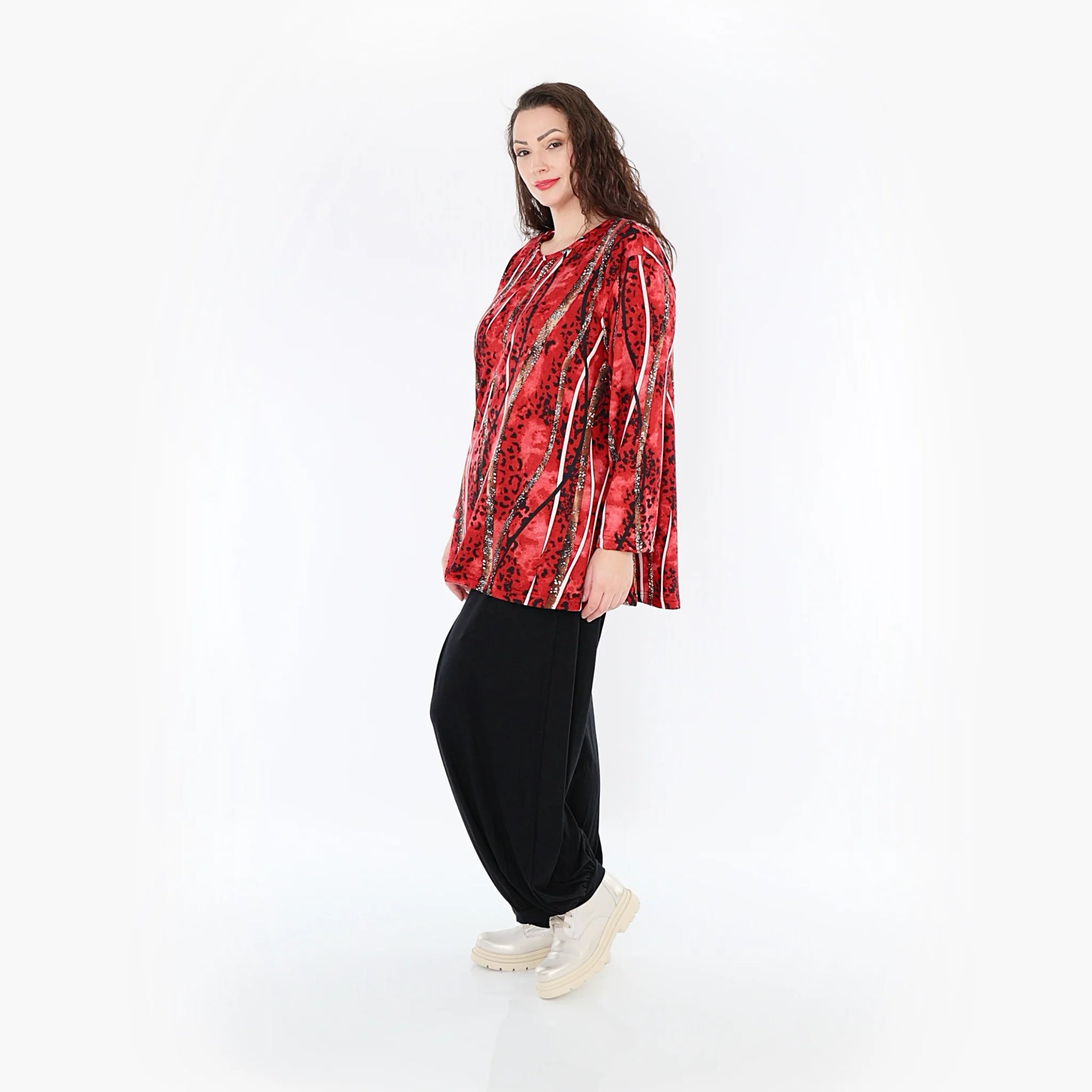  AKH Fashion Shirt in Glocken-Form, aus Viskose, 1398.01892, Rot-Cognac-Schwarz, Streifen