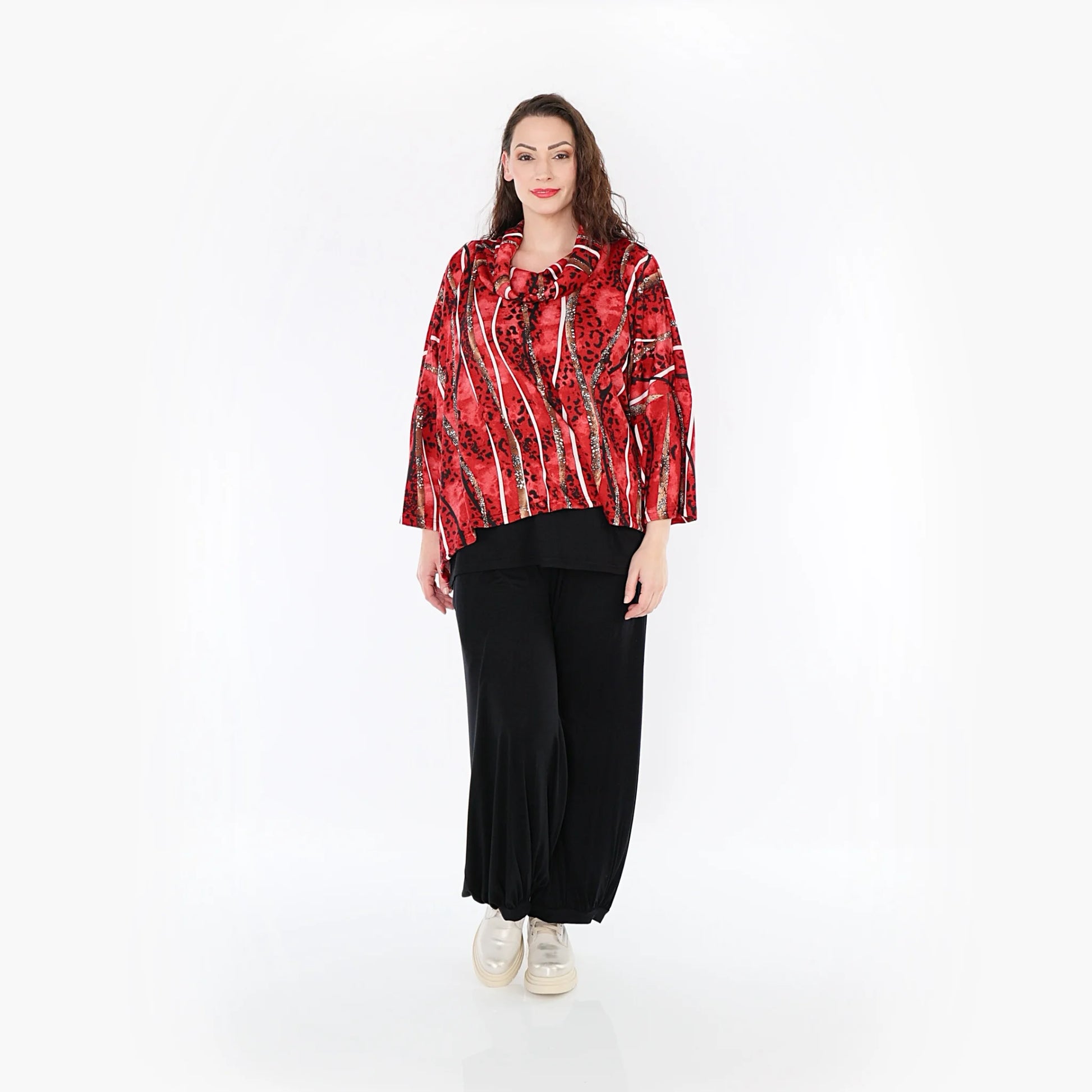  AKH Fashion Bigshirt in kastiger Form, aus Viskose, 1398.03019, Rot-Cognac-Schwarz, Streifen