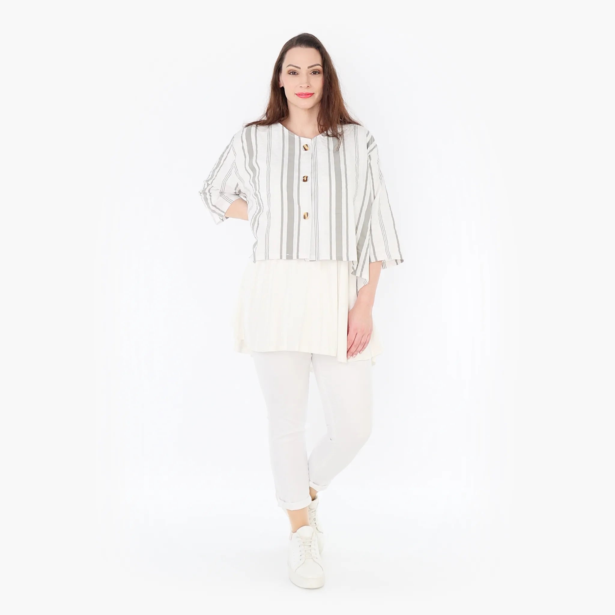  AKH Fashion Jacke in gerundeter Form, aus Baumwolle, 1420.00130, Weiß/Kiwi, Blockstreifen