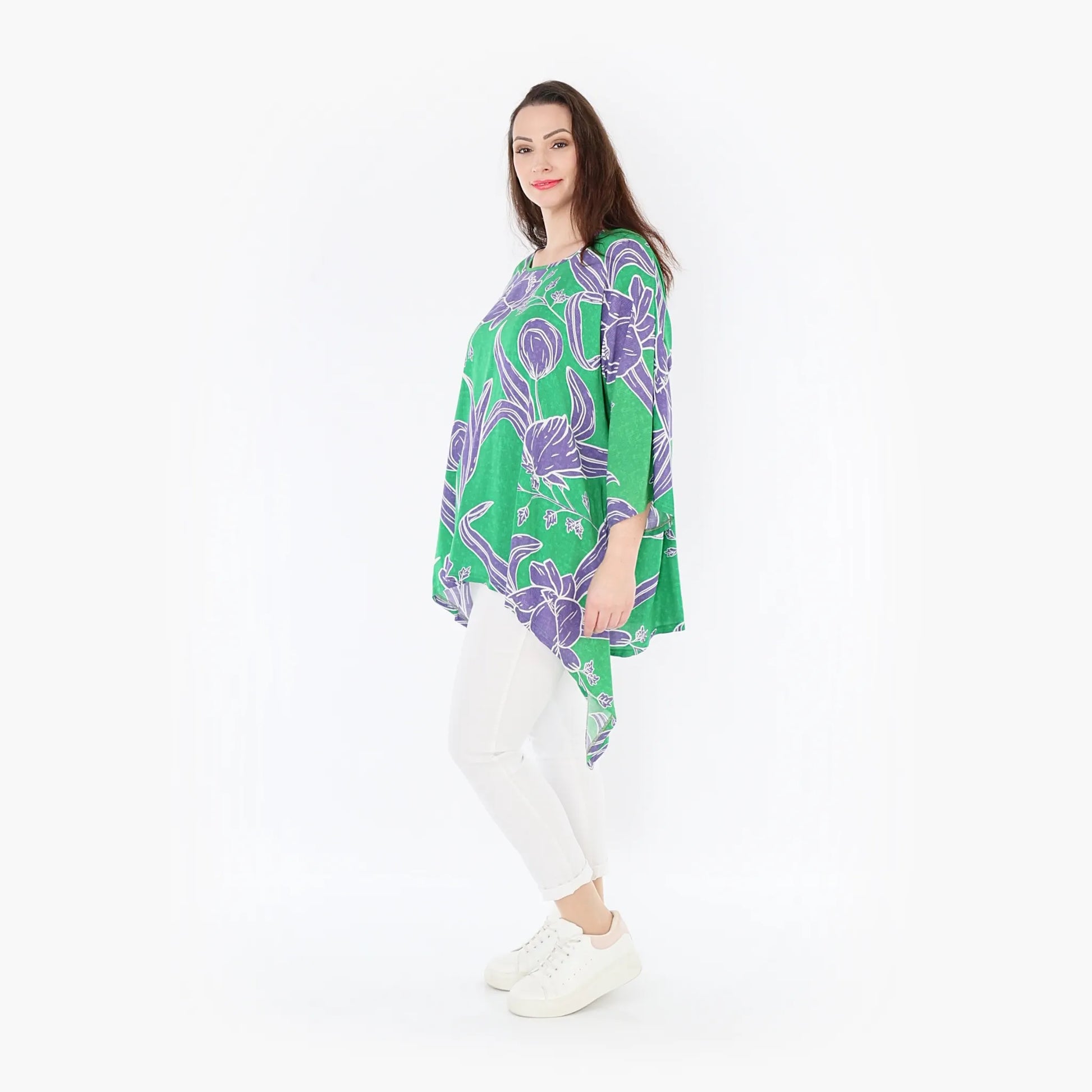  A-Form Bigshirt von AKH Fashion aus Viskose, 1421.06588, Grün/Flieder, Blumen, Schick, Schick