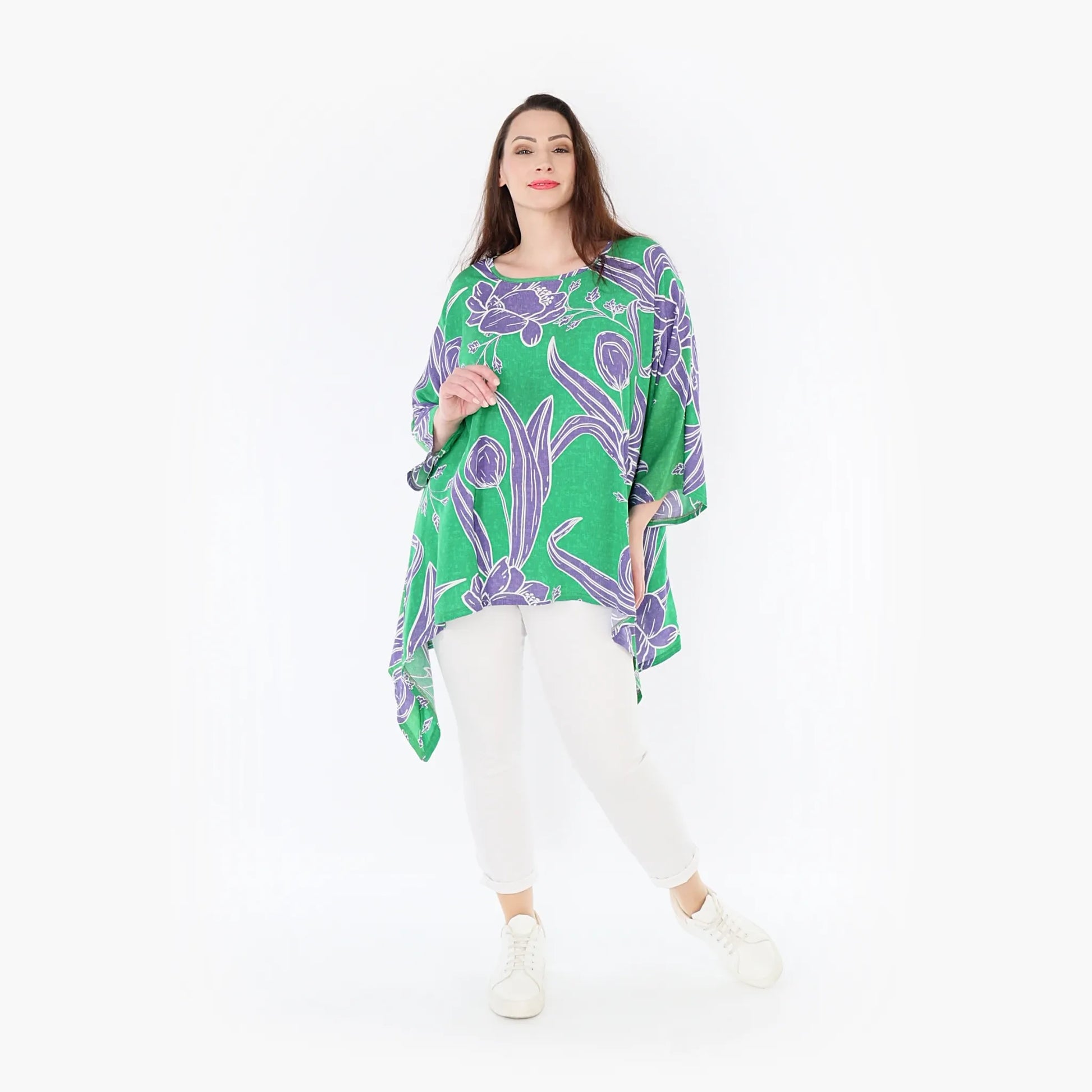  A-Form Bigshirt von AKH Fashion aus Viskose, 1421.06588, Grün/Flieder, Blumen, Schick, Schick