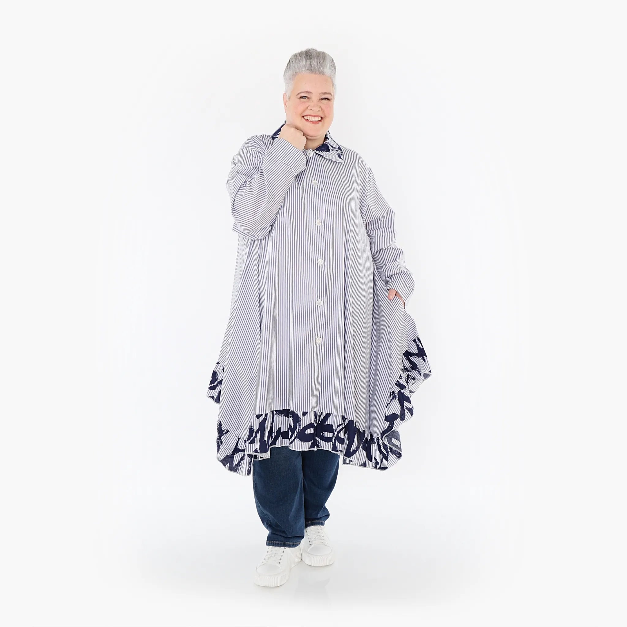  A-Form Bluse von AKH Fashion aus Baumwolle, 1435.06917, Weiß/Blau, Vichy-Streifen, Schick