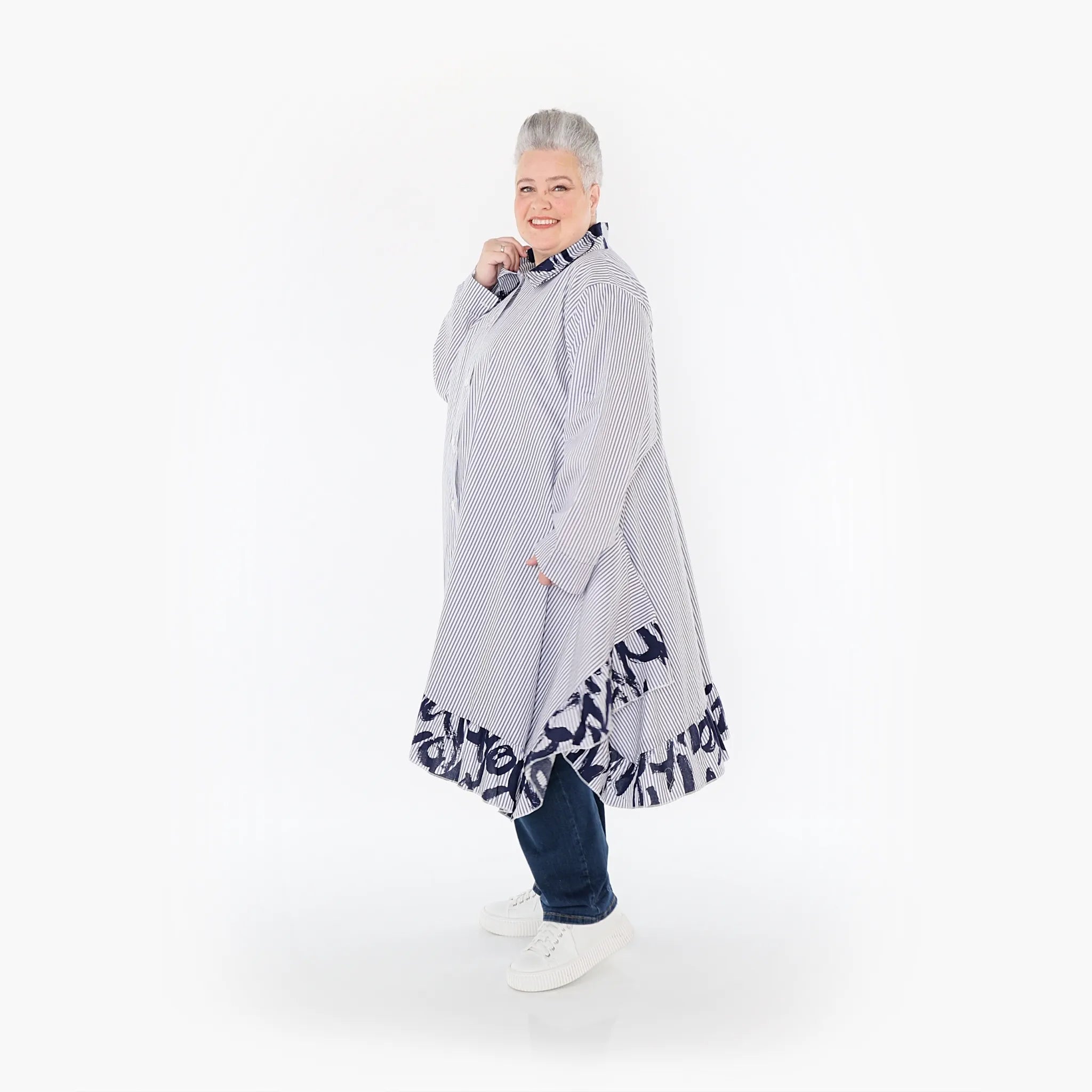  A-Form Bluse von AKH Fashion aus Baumwolle, 1435.06917, Weiß/Blau, Vichy-Streifen, Schick