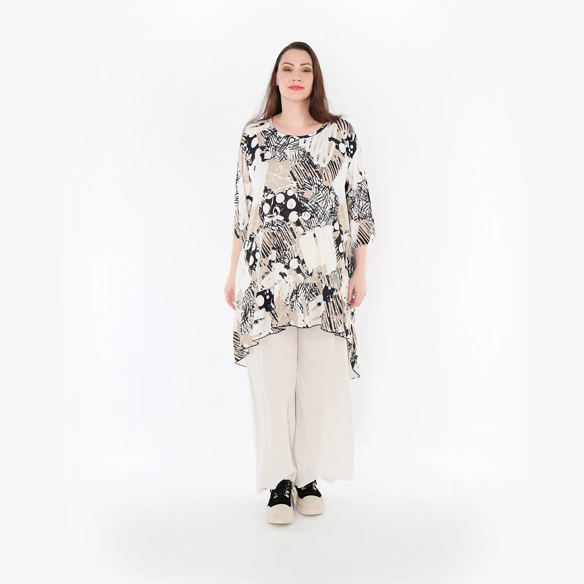 AKH Fashion Bigshirt in Vokuhila-Form, aus Materialmix, 1451.06837, Beige/Weiß/Schwarz