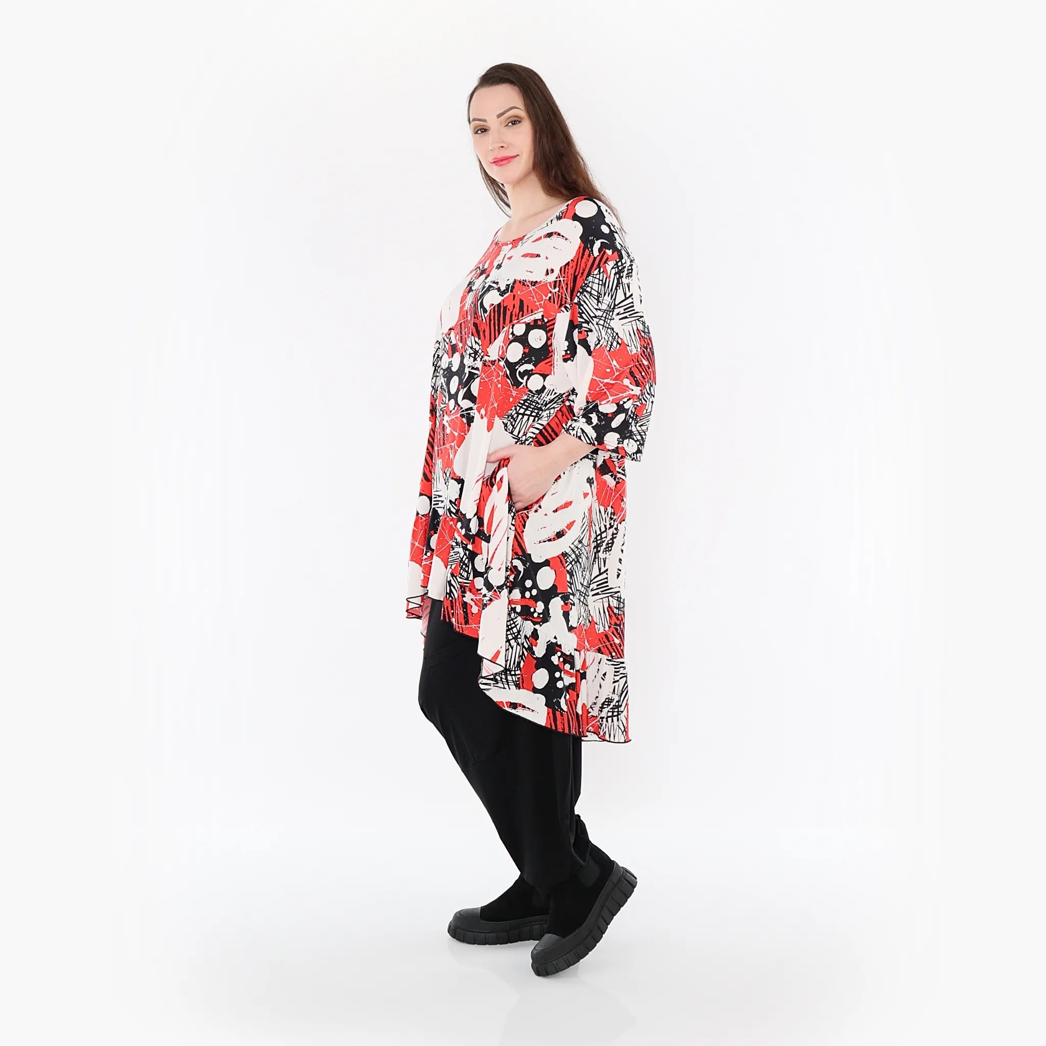  AKH Fashion Bigshirt in Vokuhila-Form, aus Materialmix, 1451.06837, Rot/Weiß/Schwarz, Punkte