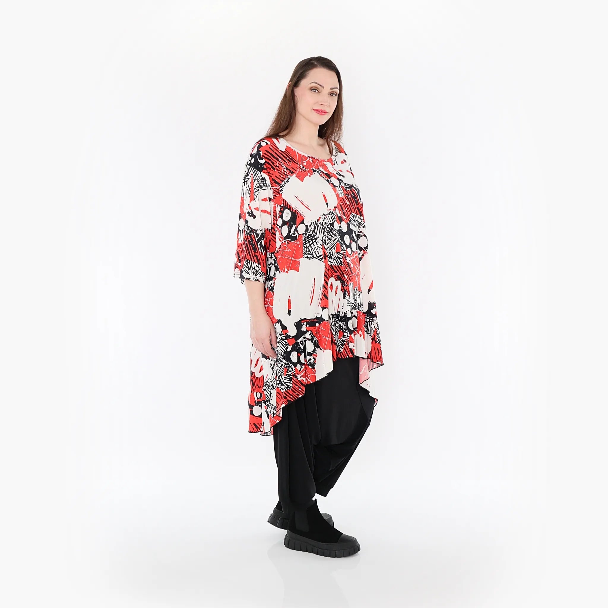  AKH Fashion Bigshirt in Vokuhila-Form, aus Materialmix, 1451.06837, Rot/Weiß/Schwarz, Punkte