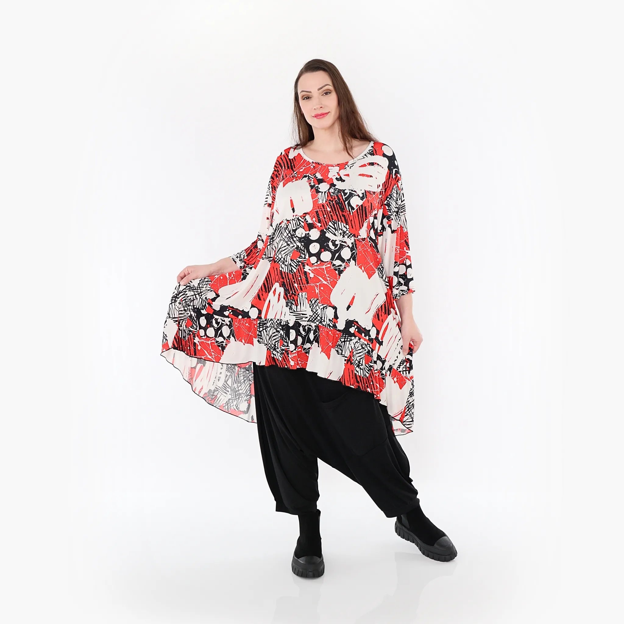  AKH Fashion Bigshirt in Vokuhila-Form, aus Materialmix, 1451.06837, Rot/Weiß/Schwarz, Punkte