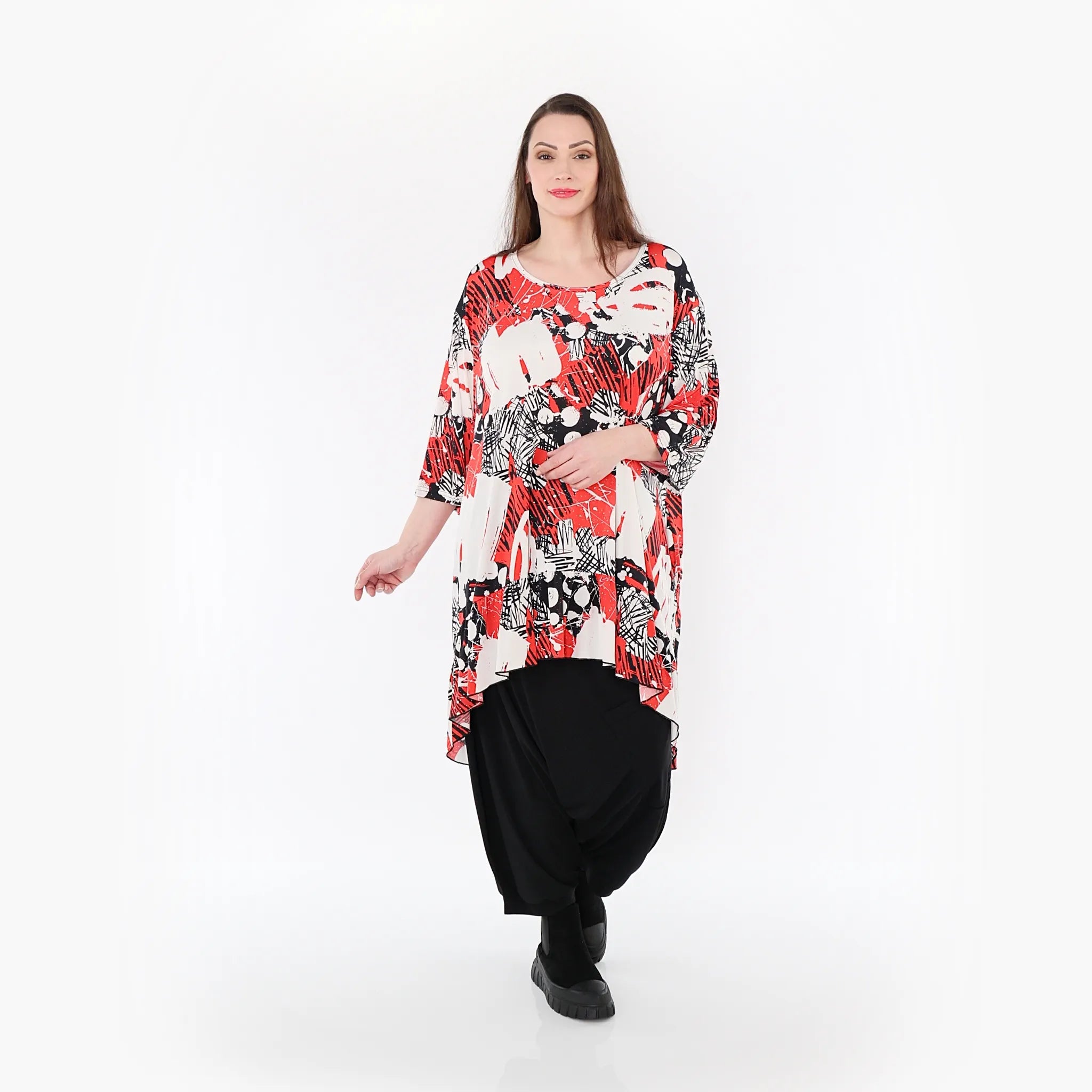  AKH Fashion Bigshirt in Vokuhila-Form, aus Materialmix, 1451.06837, Rot/Weiß/Schwarz, Punkte