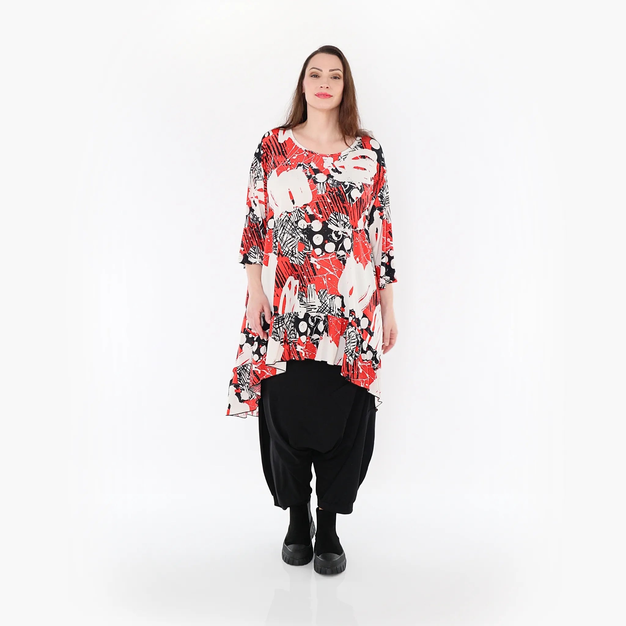  AKH Fashion Bigshirt in Vokuhila-Form, aus Materialmix, 1451.06837, Rot/Weiß/Schwarz, Punkte