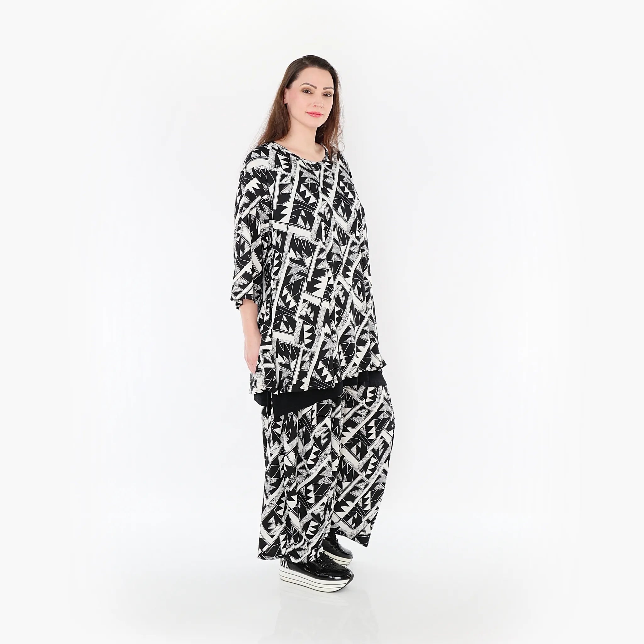  AKH Fashion Bigshirt in Glocken-Form, aus Materialmix, 1453.01892, Schwarz/Weiß, Abstrakt