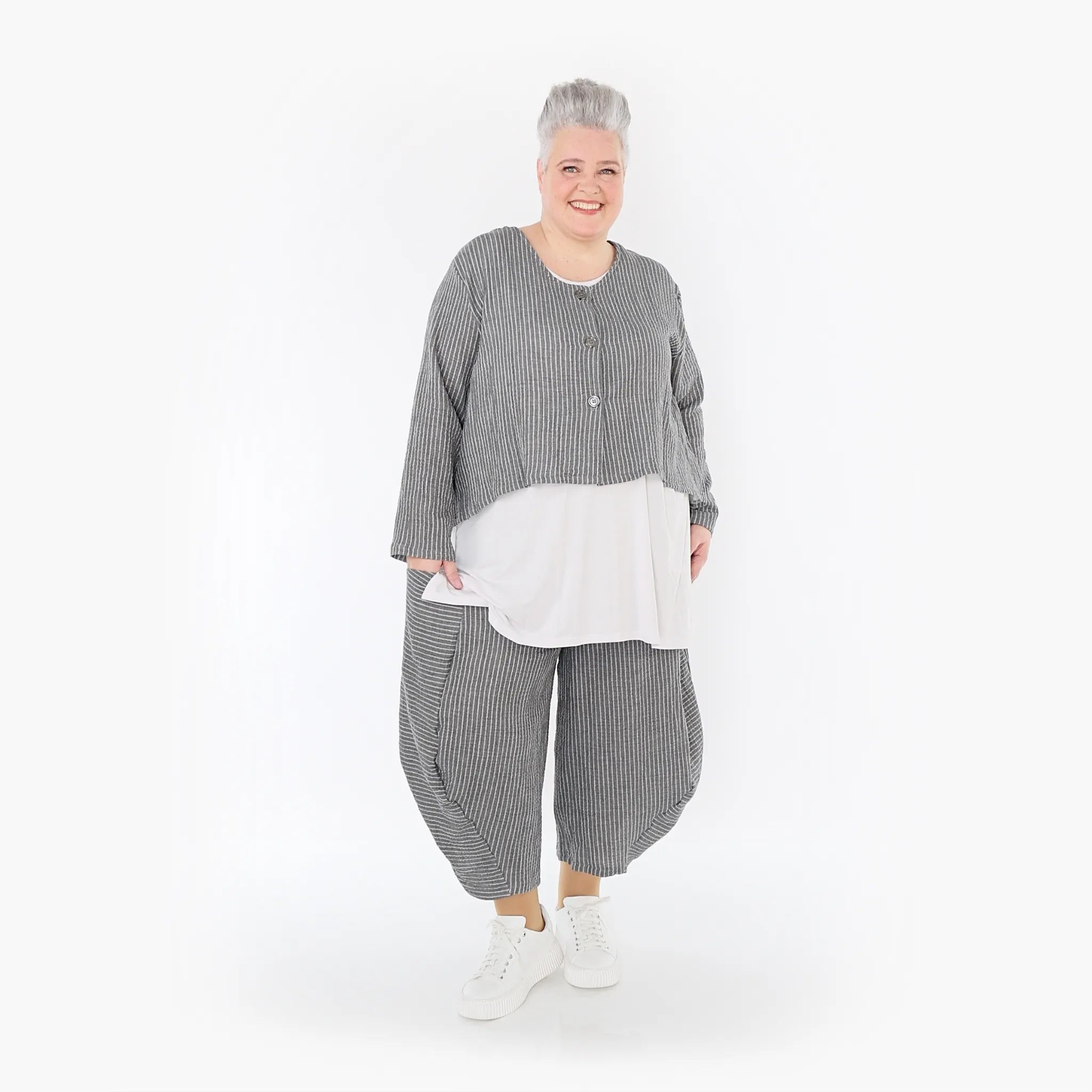 Ballonhose von AKH Fashion aus Baumwolle, 1461.08069, Grau/Weiß, Streifen, Ausgefallen