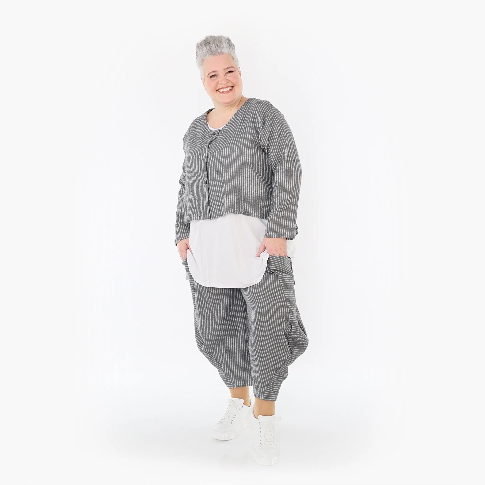  Ballonhose von AKH Fashion aus Baumwolle, 1461.08069, Grau/Weiß, Streifen, Ausgefallen