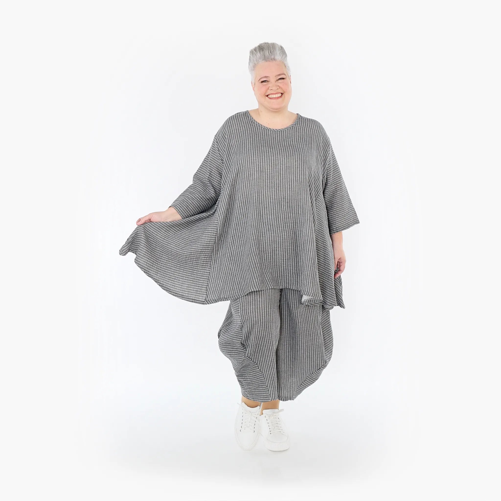  A-Form Bigshirt von AKH Fashion aus Baumwolle, 1461.00593, Grau/Weiß, Streifen, Ausgefallen