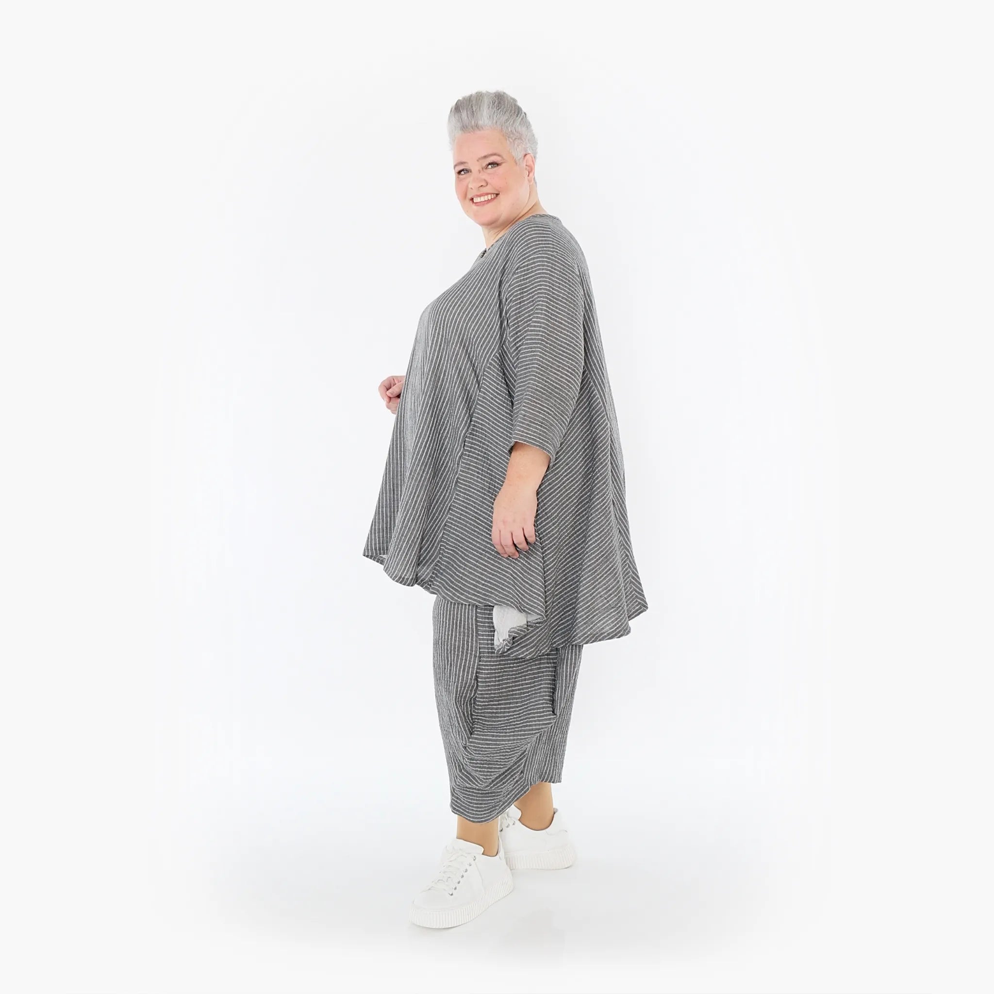  A-Form Bigshirt von AKH Fashion aus Baumwolle, 1461.00593, Grau/Weiß, Streifen, Ausgefallen