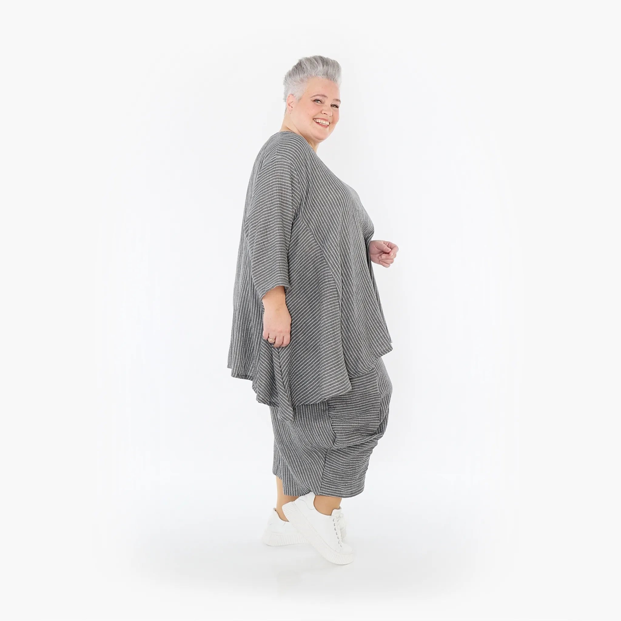  A-Form Bigshirt von AKH Fashion aus Baumwolle, 1461.00593, Grau/Weiß, Streifen, Ausgefallen