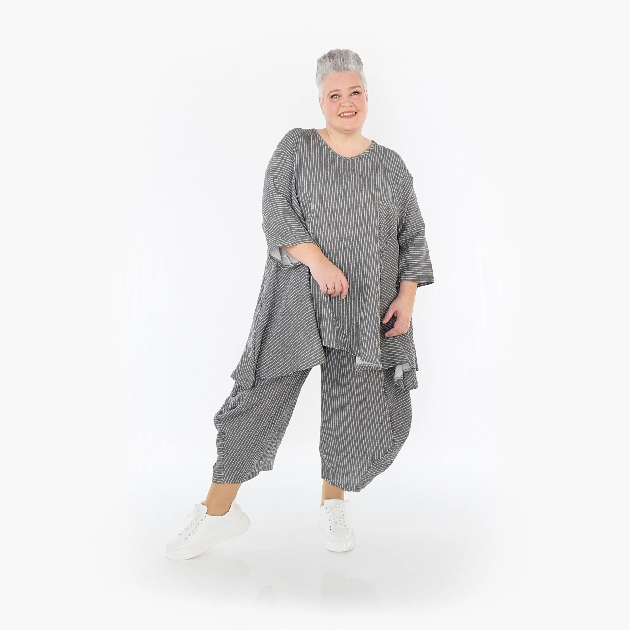  A-Form Bigshirt von AKH Fashion aus Baumwolle, 1461.00593, Grau/Weiß, Streifen, Ausgefallen