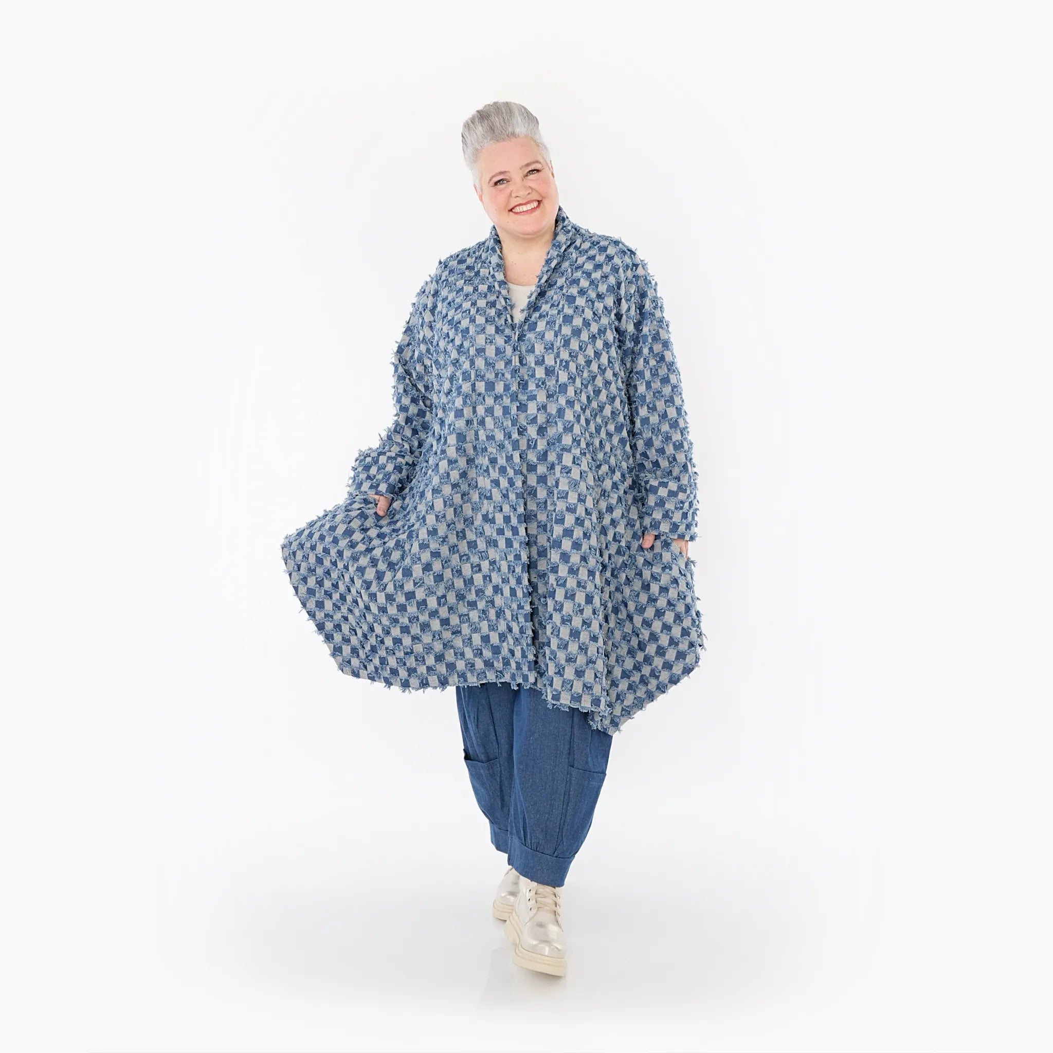  A-Form Cardigan von AKH Fashion aus Baumwolle, 1463.07040, Jeansblau/Grau, Kariert, Schick