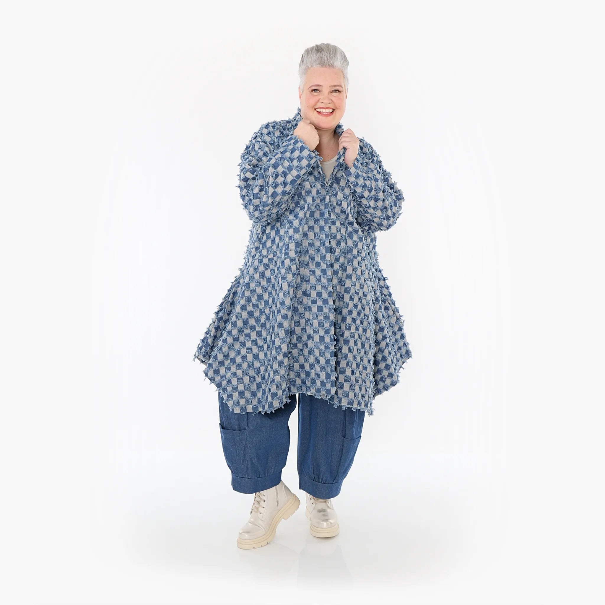  A-Form Cardigan von AKH Fashion aus Baumwolle, 1463.07040, Jeansblau/Grau, Kariert, Schick