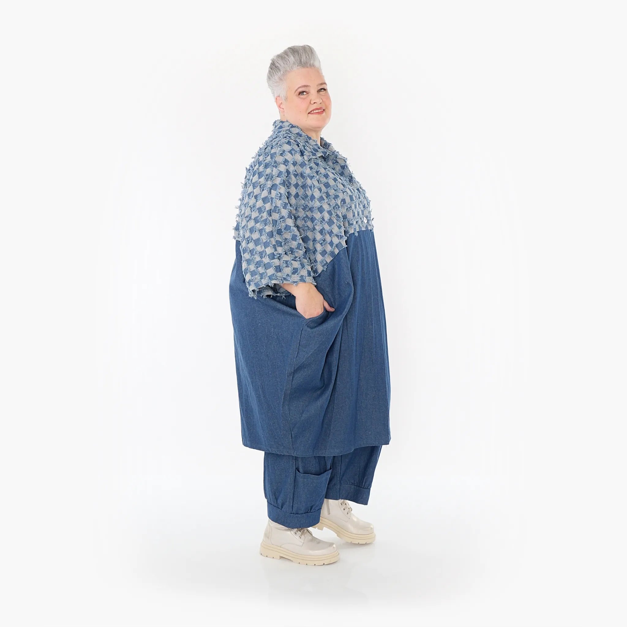  Ballonmantel von AKH Fashion aus Baumwolle, 1463.07055, Jeansblau/Grau, Kariert, Schick