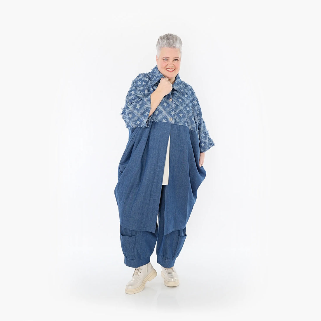  Ballonmantel von AKH Fashion aus Baumwolle, 1464.07055, Jeansblau/Grau, Raute, Schick