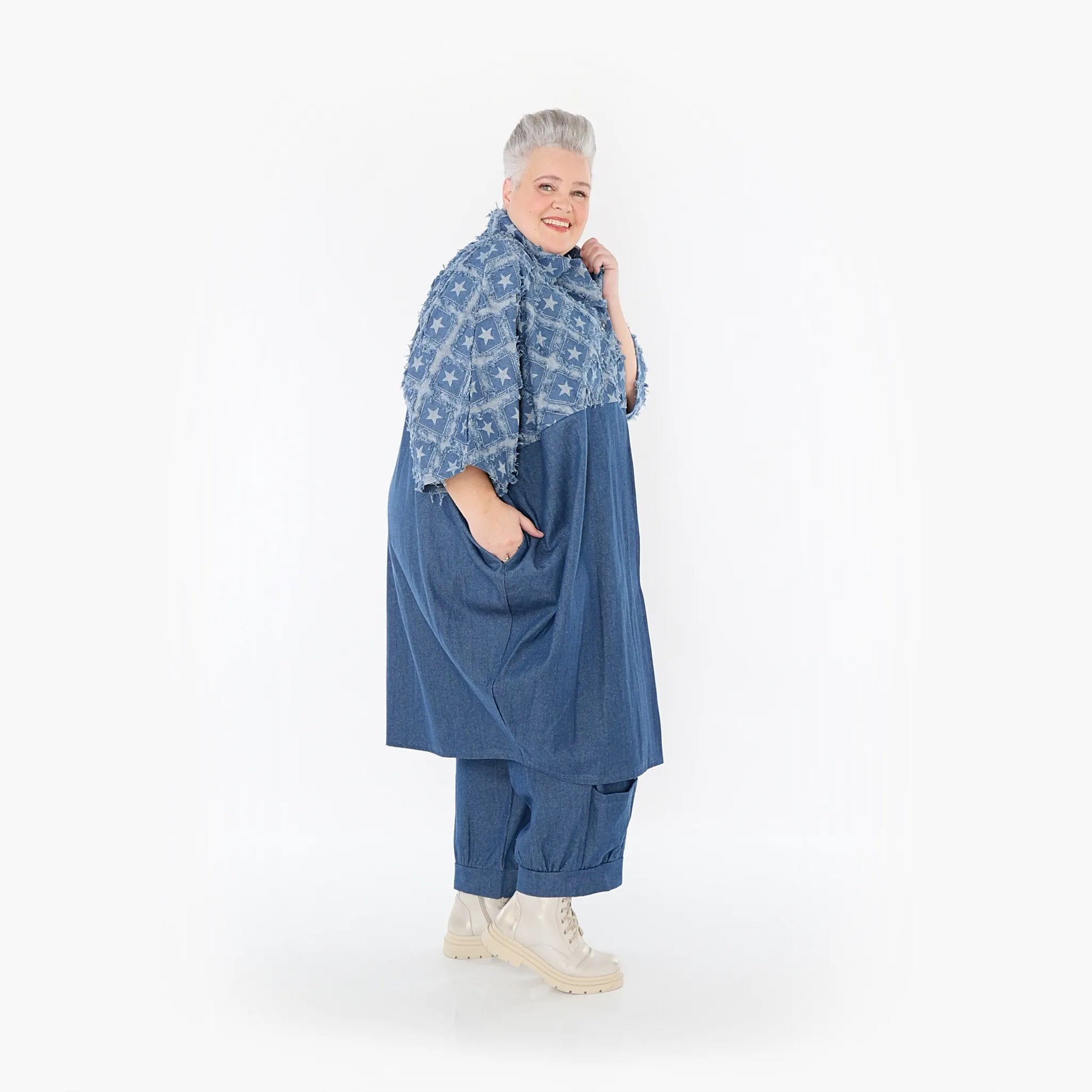  Ballonmantel von AKH Fashion aus Baumwolle, 1464.07055, Jeansblau/Grau, Raute, Schick
