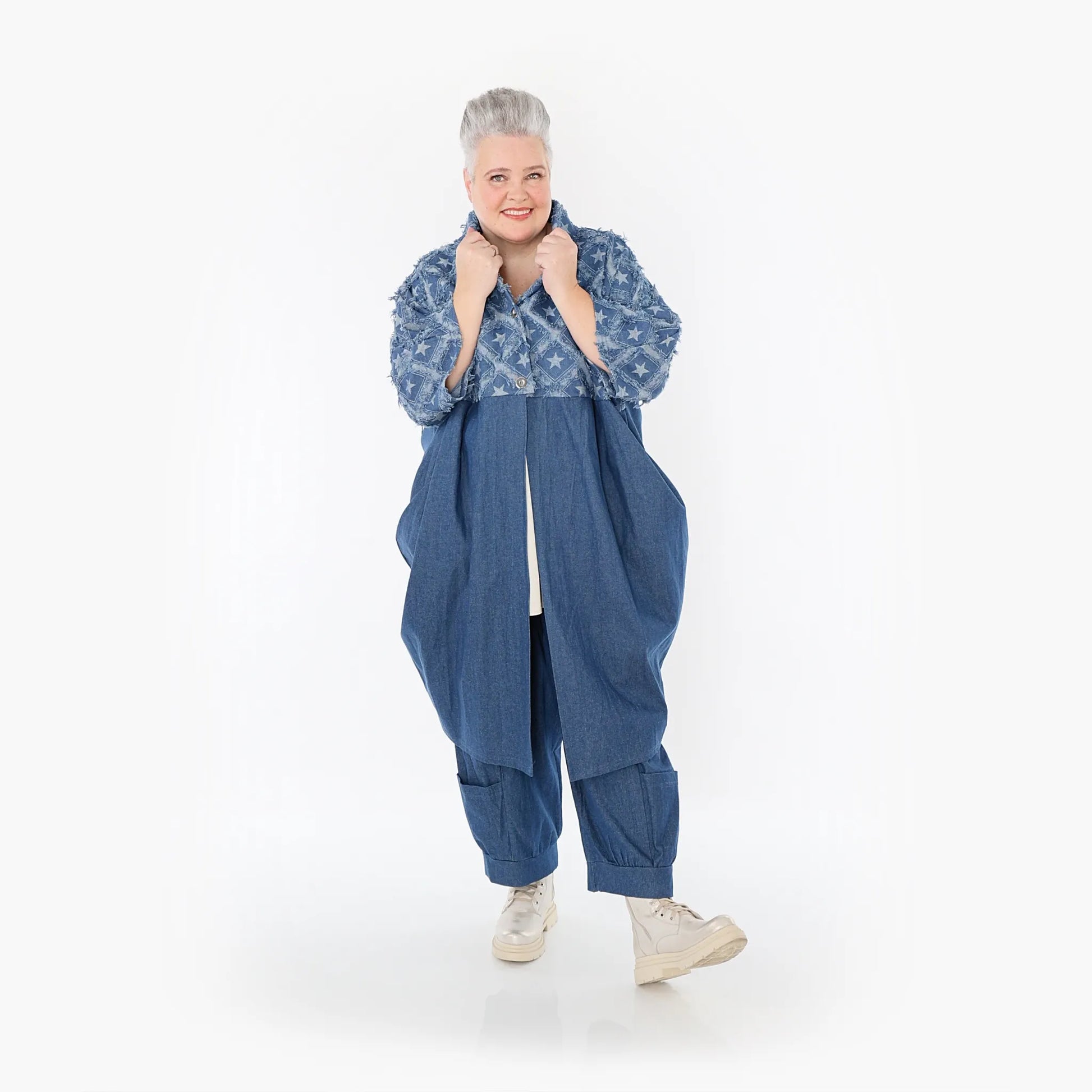  Ballonmantel von AKH Fashion aus Baumwolle, 1464.07055, Jeansblau/Grau, Raute, Schick