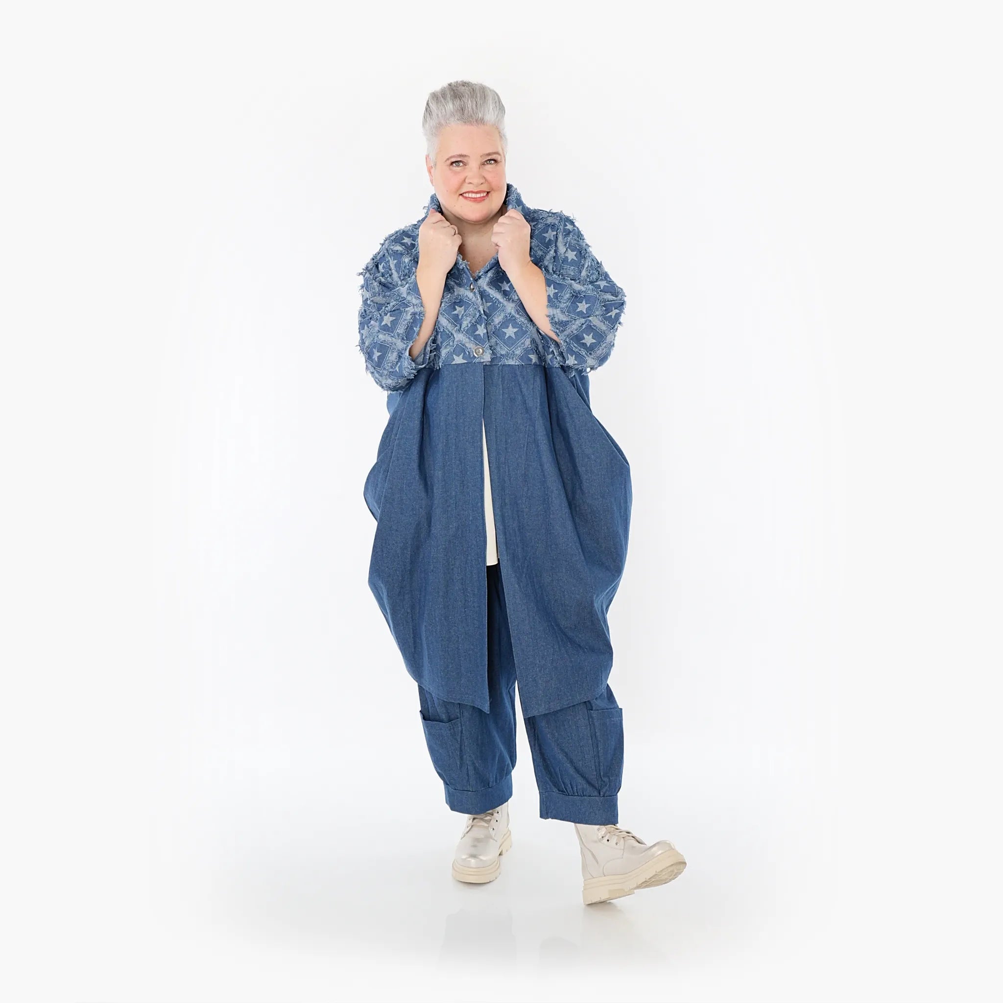  Ballonmantel von AKH Fashion aus Baumwolle, 1464.07055, Jeansblau/Grau, Raute, Schick