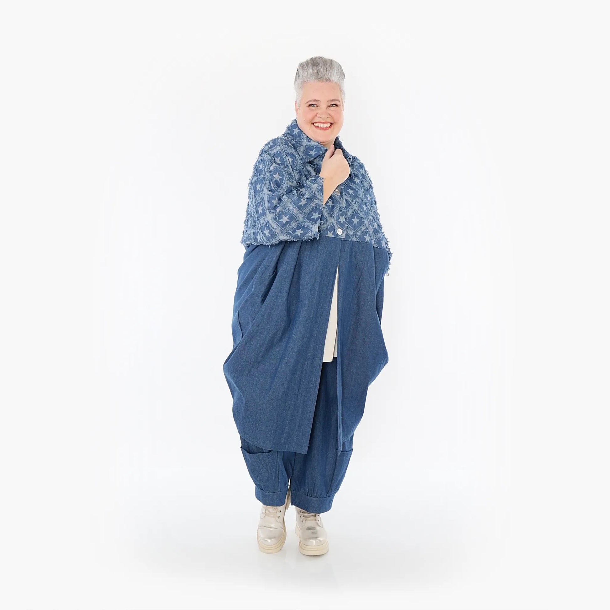  Ballonmantel von AKH Fashion aus Baumwolle, 1464.07055, Jeansblau/Grau, Raute, Schick