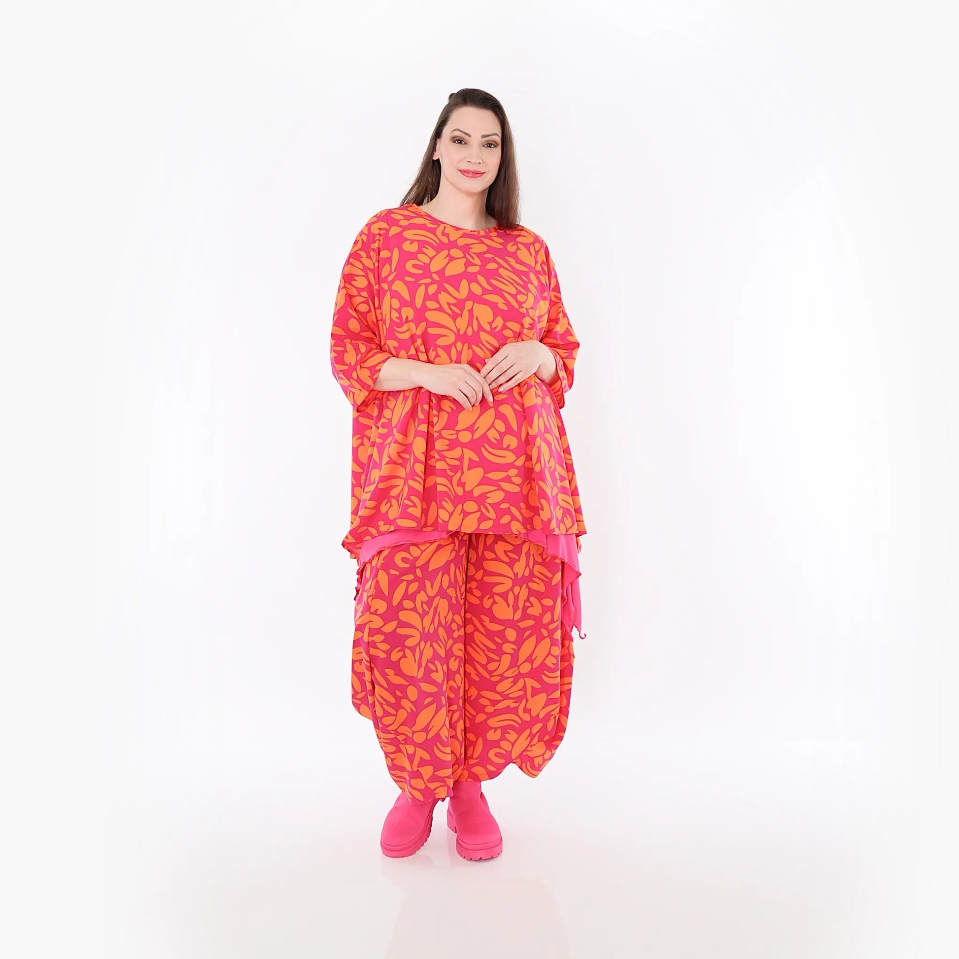  A-Form Bigshirt von AKH Fashion aus Viskose, 1470.00593, Fuchsia/Orange, Blumen, Ausgefallen