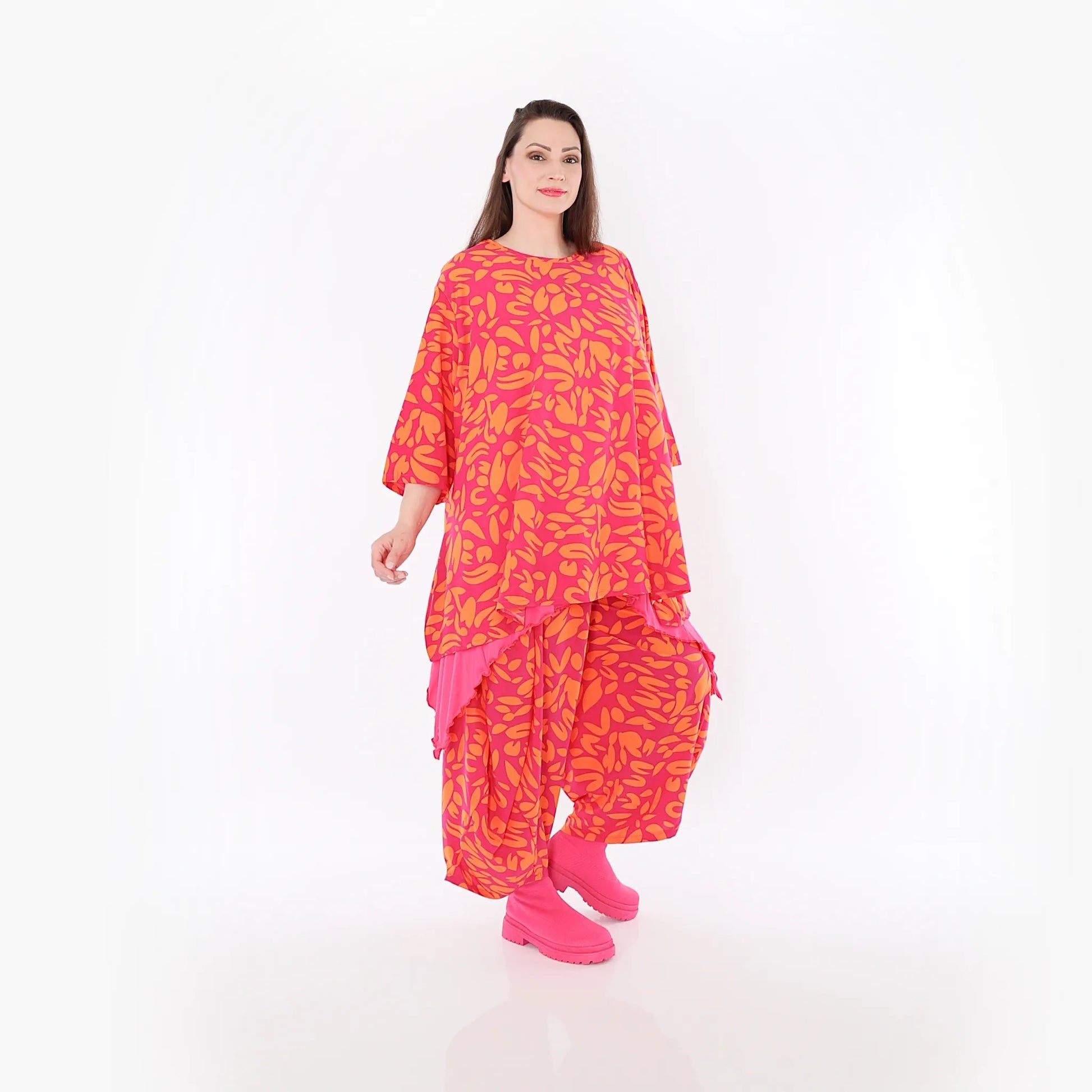  A-Form Bigshirt von AKH Fashion aus Viskose, 1470.00593, Fuchsia/Orange, Blumen, Ausgefallen
