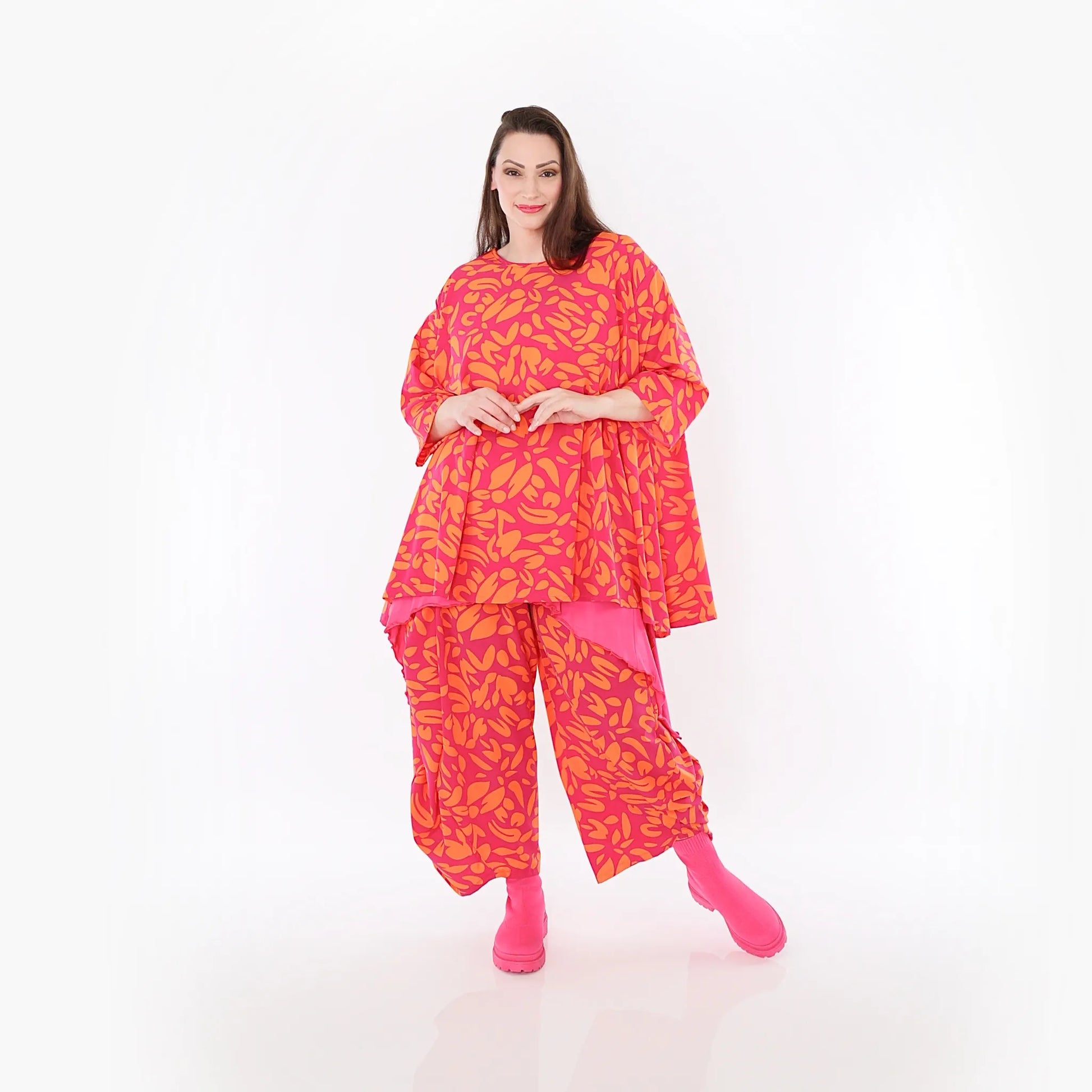  A-Form Bigshirt von AKH Fashion aus Viskose, 1470.00593, Fuchsia/Orange, Blumen, Ausgefallen