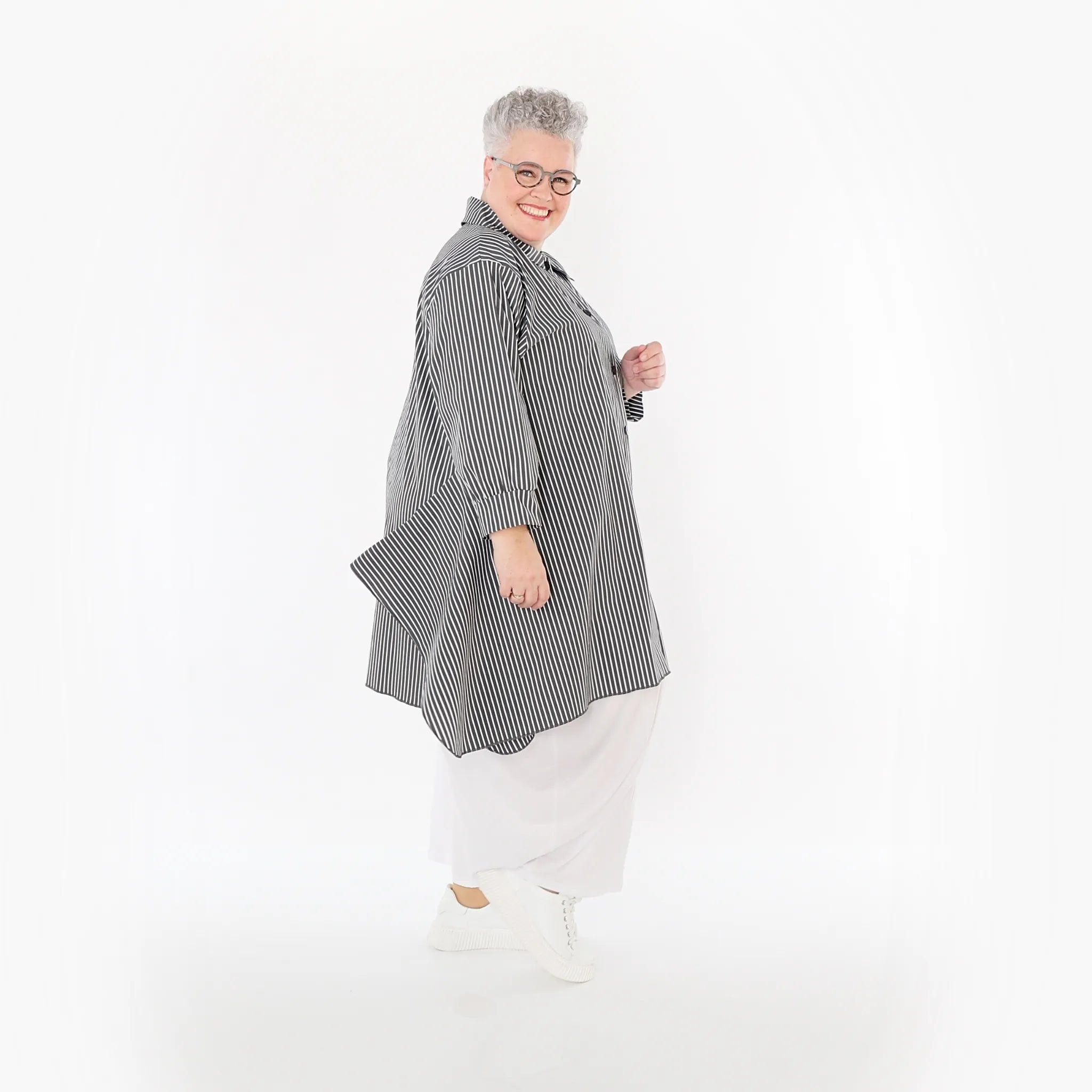  A-Form Bluse von AKH Fashion aus Baumwolle, 1472.06917, Anthrazit/Weiß, Streifen, Schick