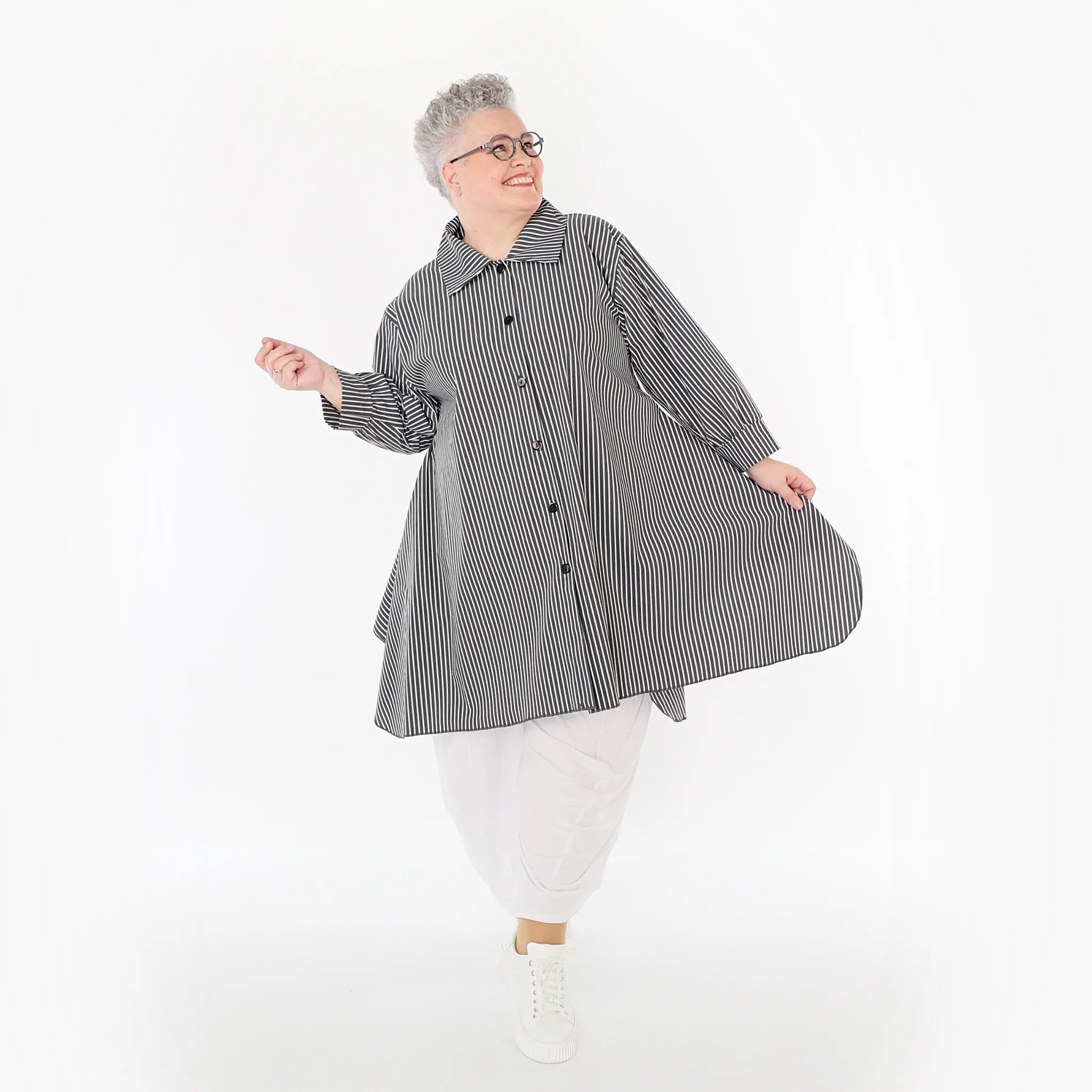  A-Form Bluse von AKH Fashion aus Baumwolle, 1472.06917, Anthrazit/Weiß, Streifen, Schick