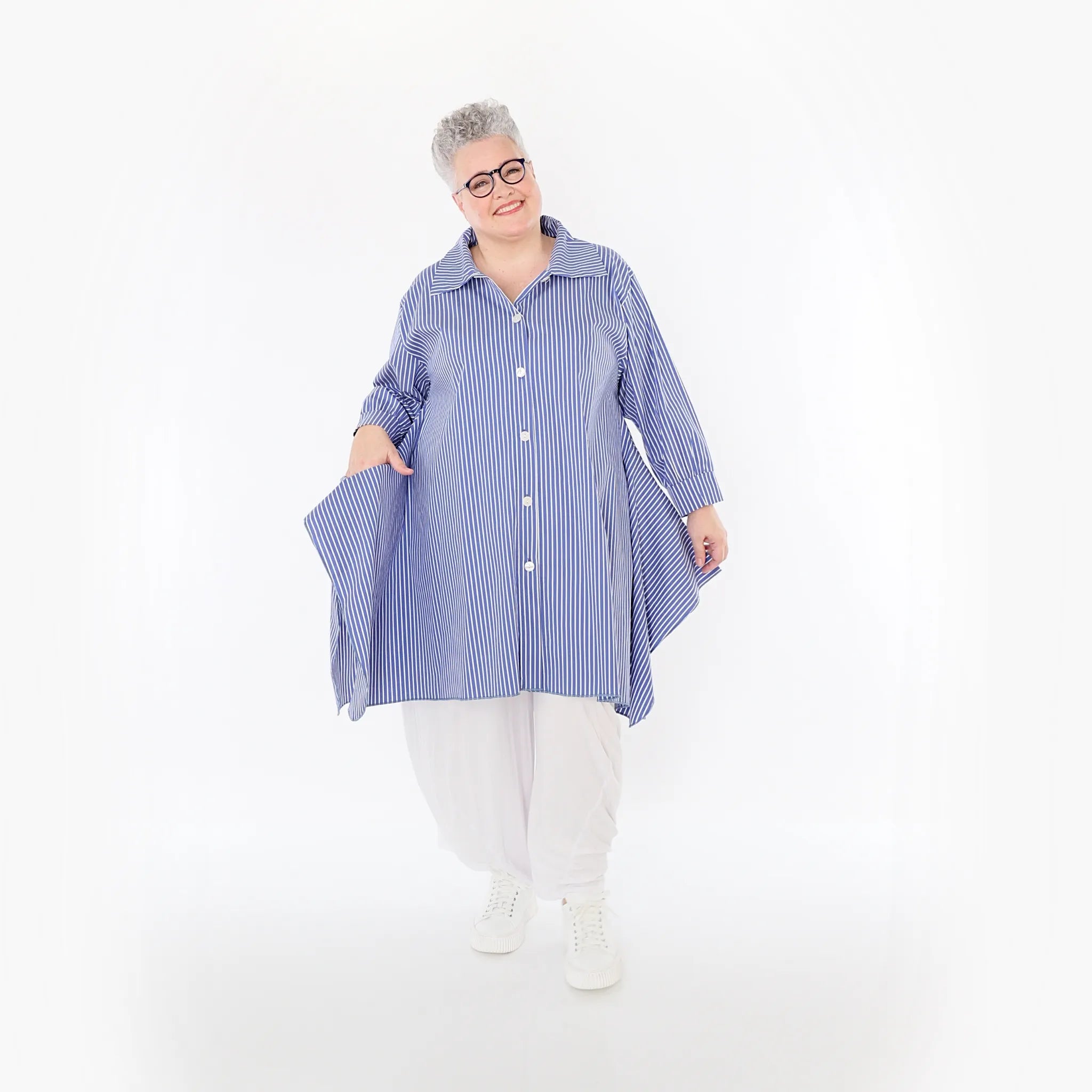  A-Form Bluse von AKH Fashion aus Baumwolle, 1472.06917, Blau/Weiß, Streifen, Ausgefallen