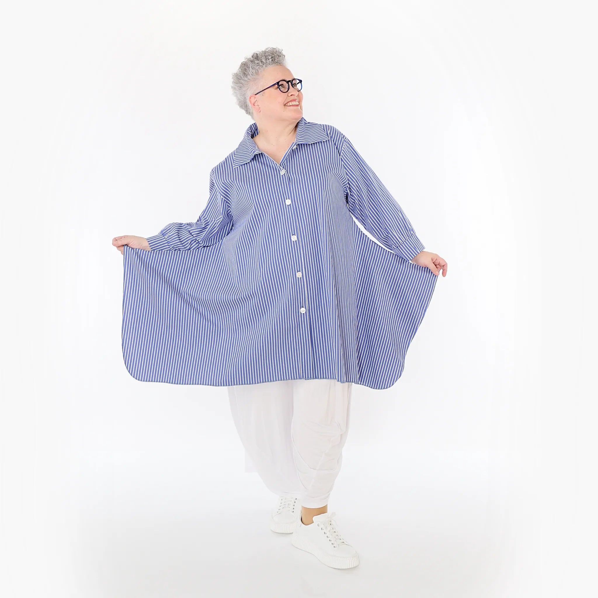  A-Form Bluse von AKH Fashion aus Baumwolle, 1472.06917, Blau/Weiß, Streifen, Ausgefallen