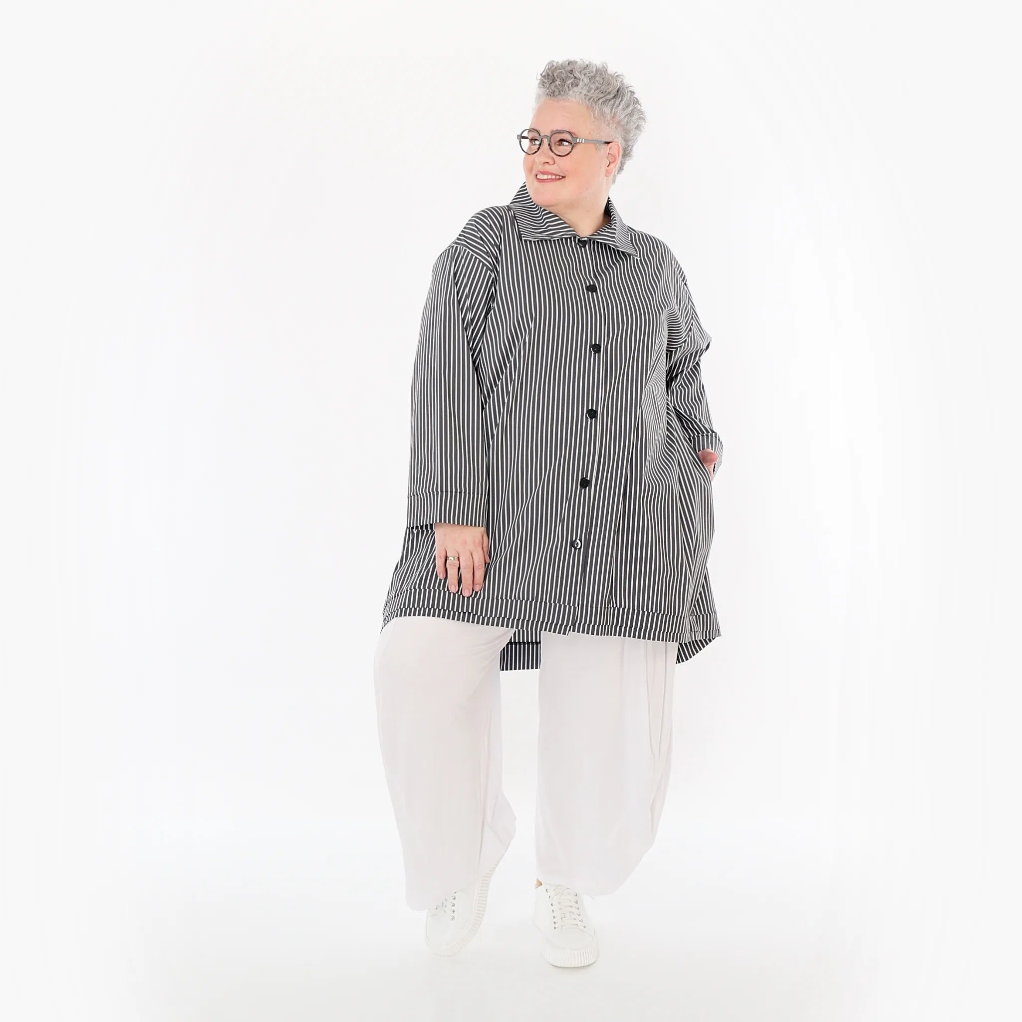  A-Form Bluse von AKH Fashion aus Baumwolle, 1472.07010, Anthrazit/Weiß, Streifen, Schick