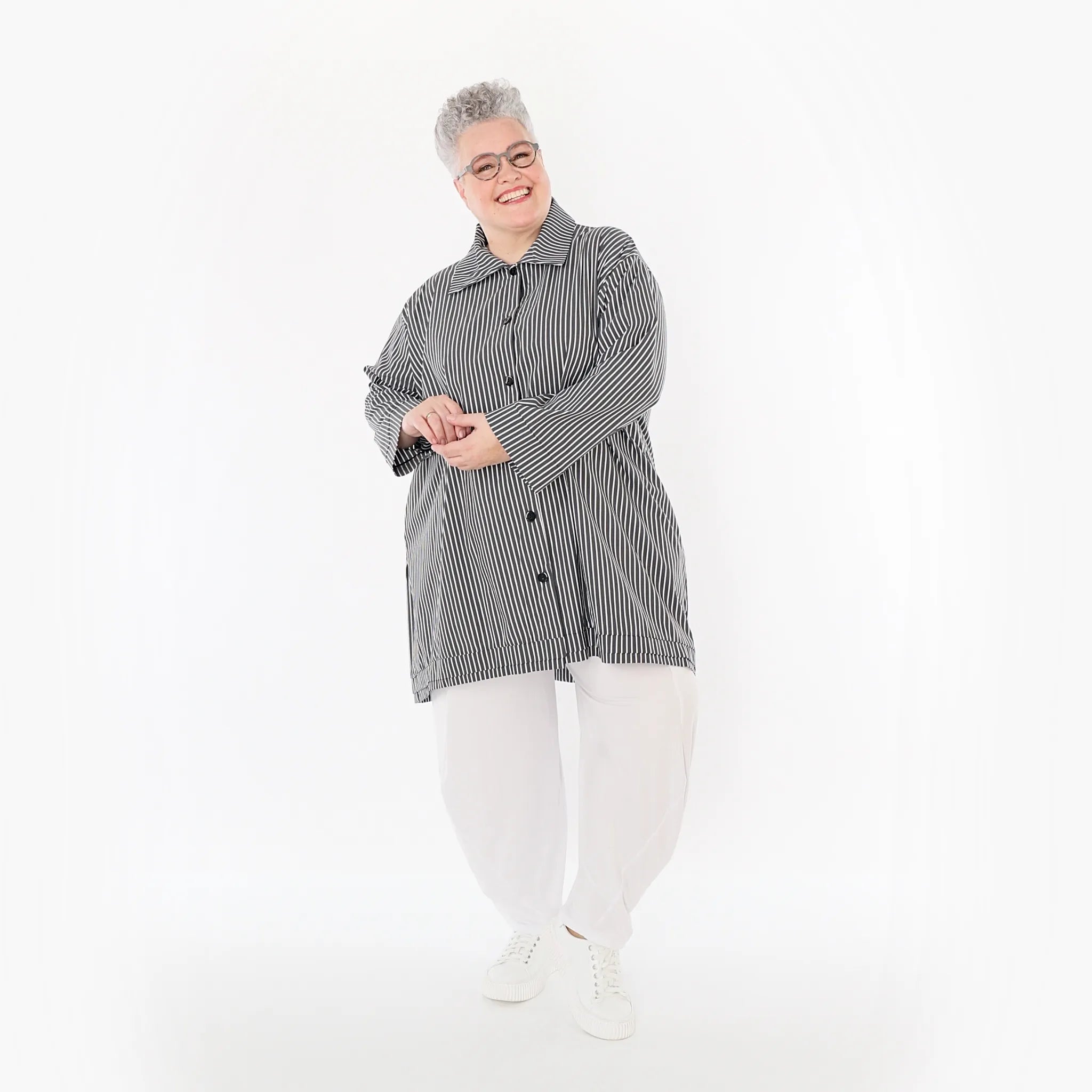  A-Form Bluse von AKH Fashion aus Baumwolle, 1472.07010, Anthrazit/Weiß, Streifen, Schick