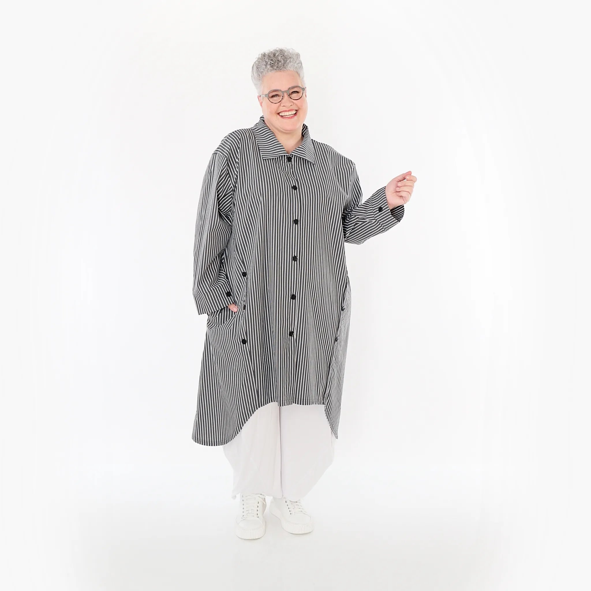  A-Form Bluse von AKH Fashion aus Baumwolle, 1472.07057, Anthrazit/Weiß, Streifen, Schick